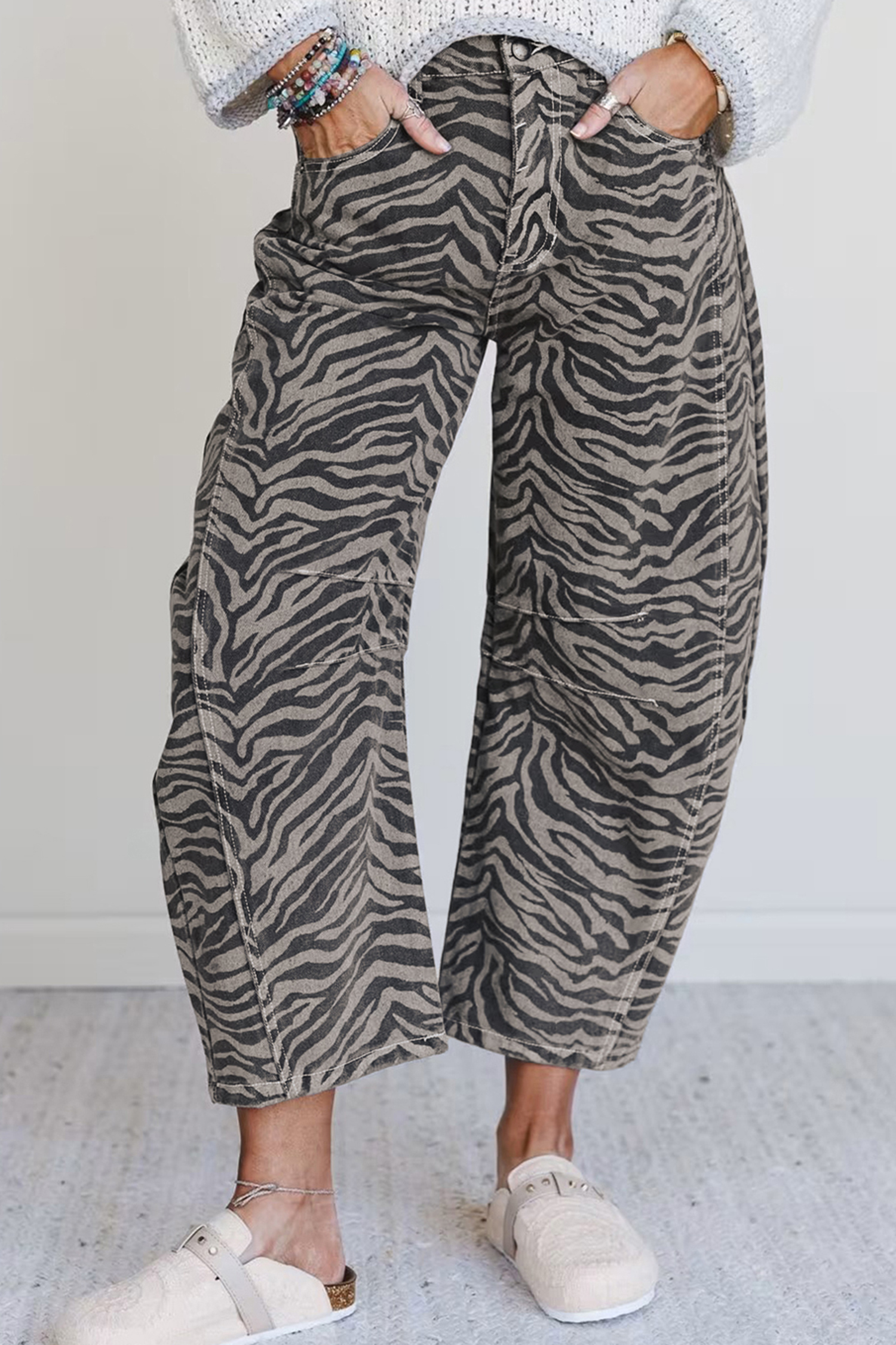 Gray Zebra Stripe Printed Wide Leg Barrel Jeans view 15