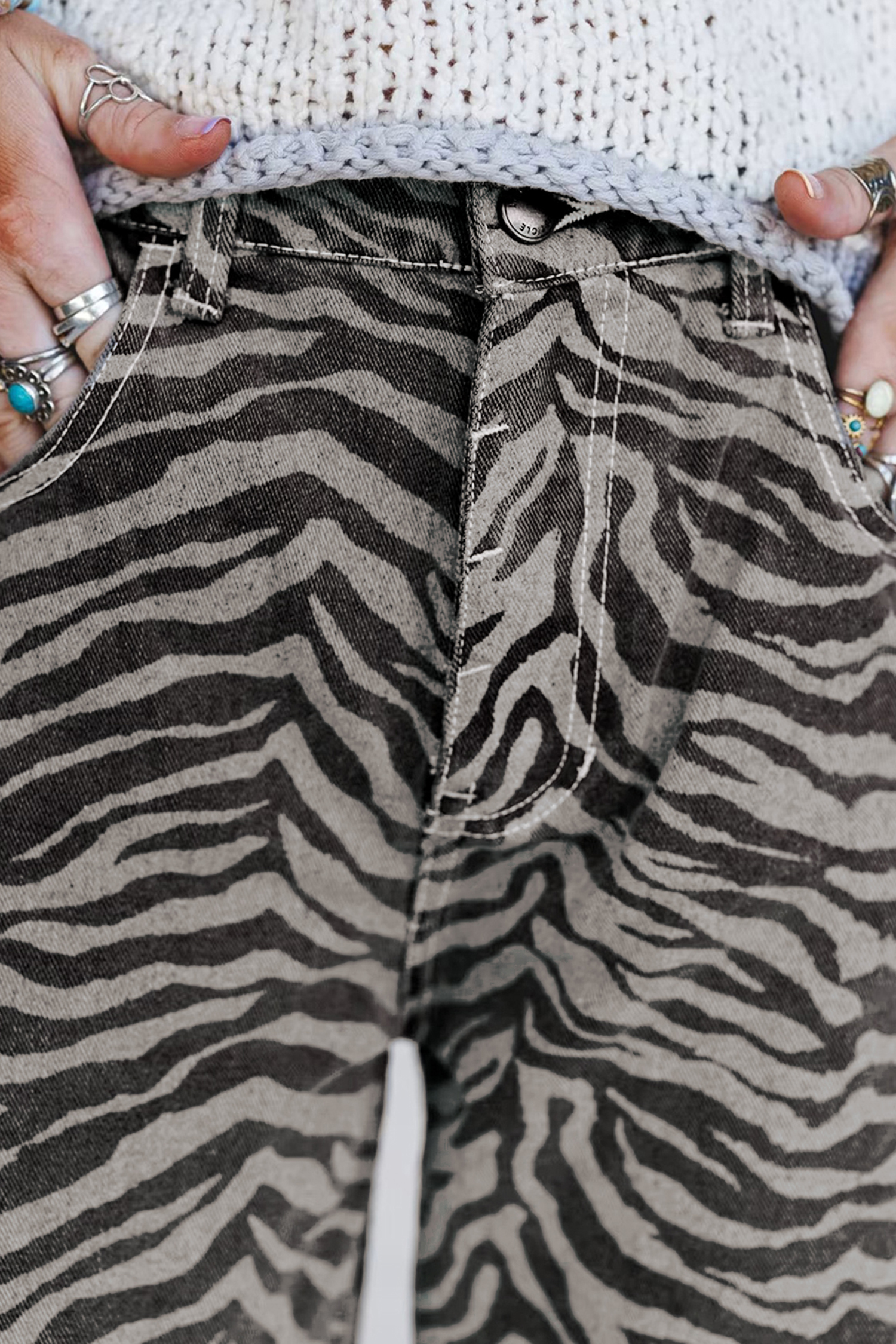 Gray Zebra Stripe Printed Wide Leg Barrel Jeans view 11
