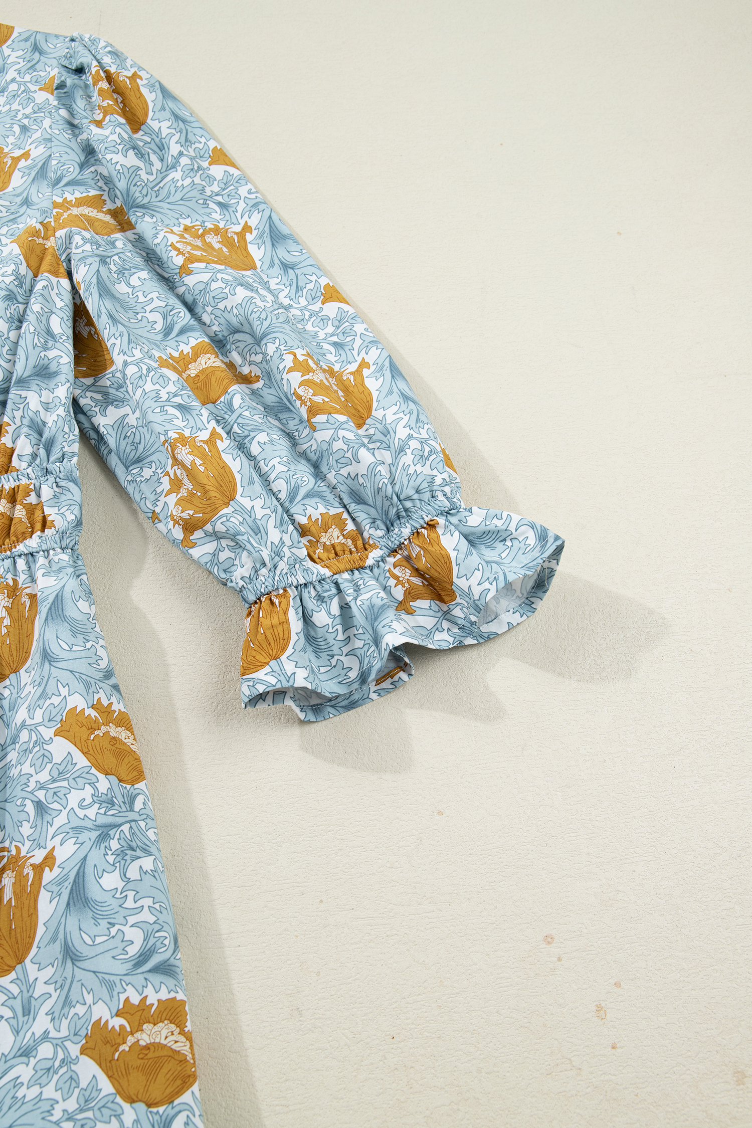 Brown Floral Printed Frilled V Neck Bracelet Sleeve Long Dress view 27