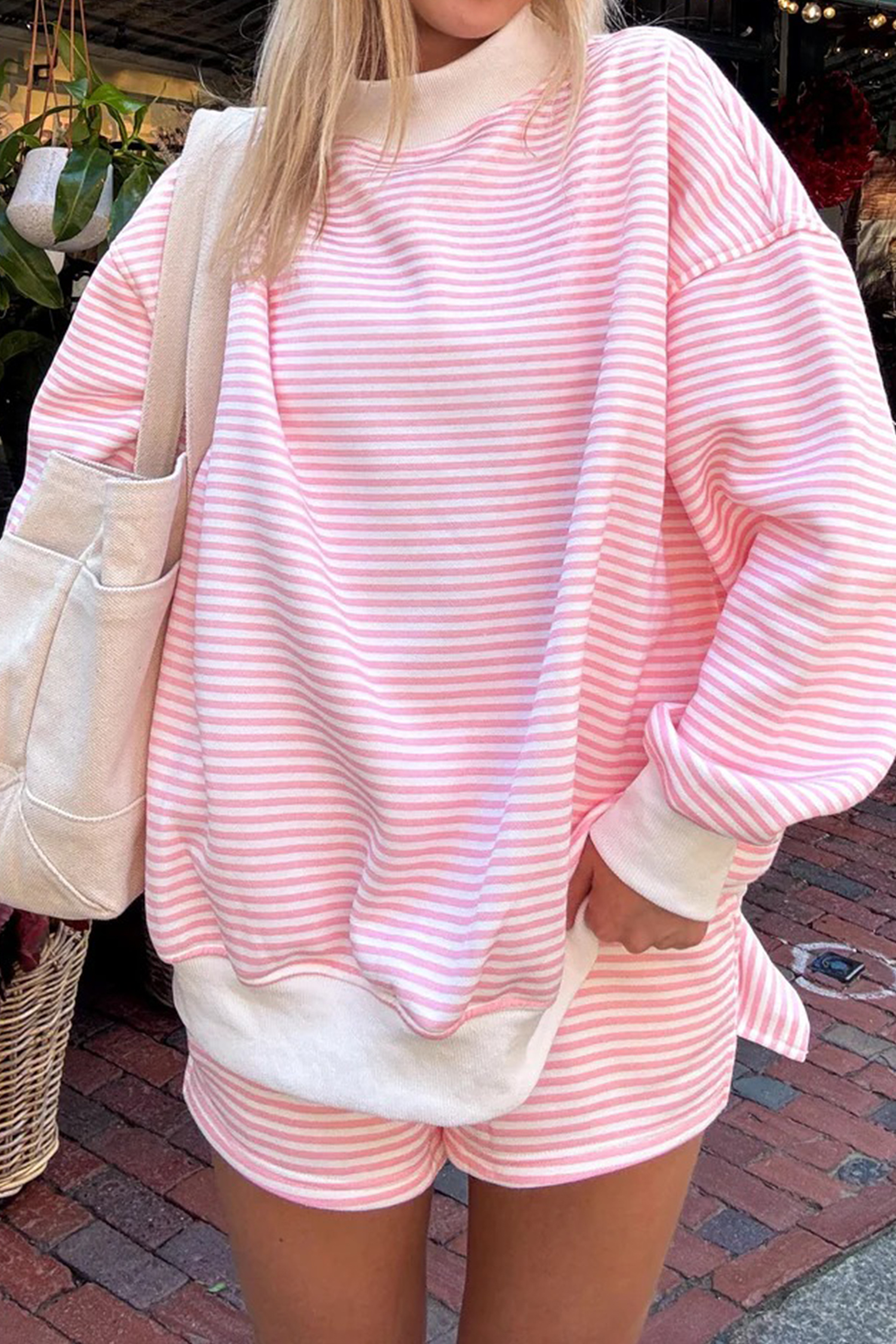 Pink Stripe Oversize Mock Neck Sweatshirt and Shorts Set view 6