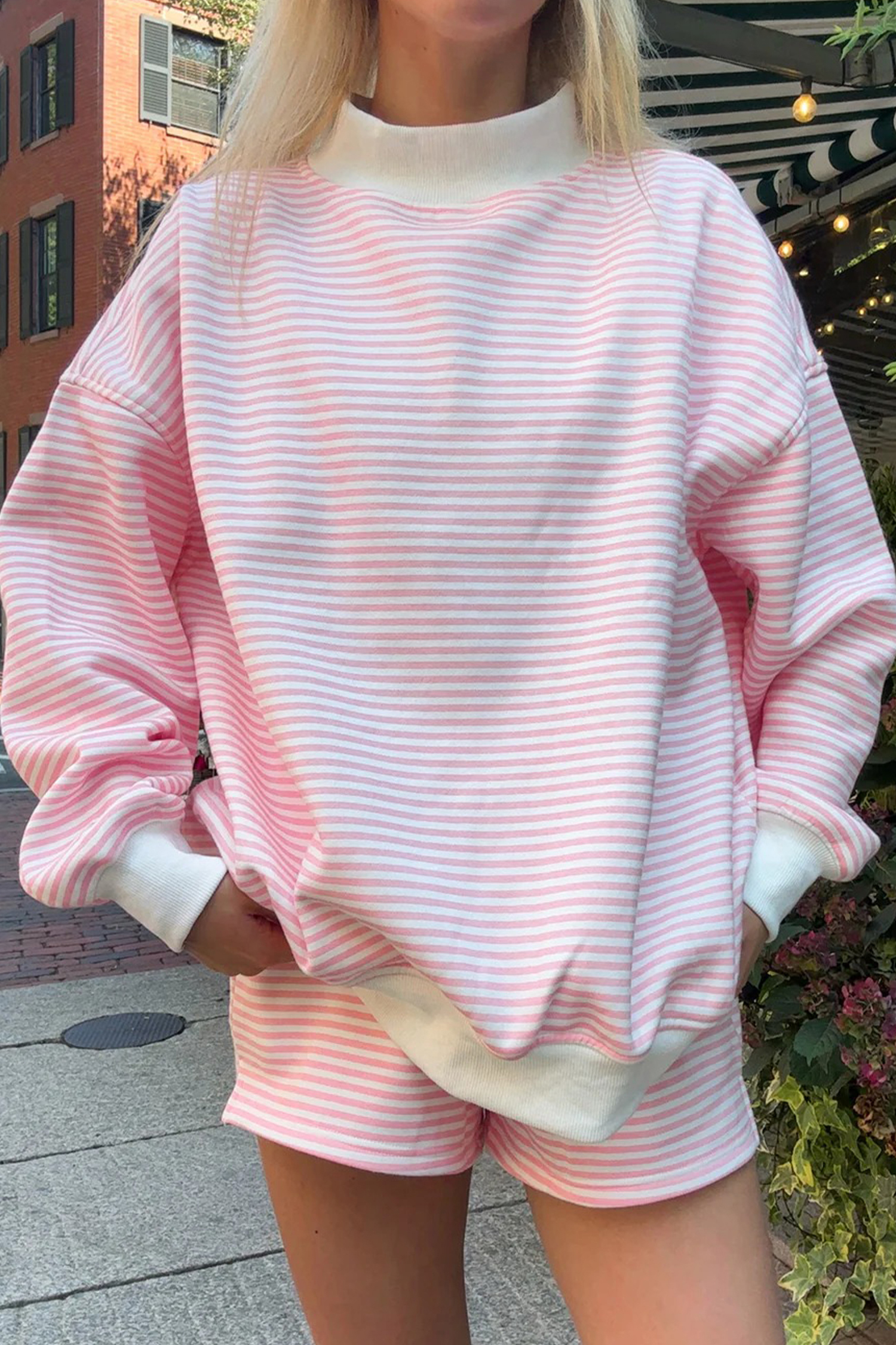 Pink Stripe Oversize Mock Neck Sweatshirt and Shorts Set view 8