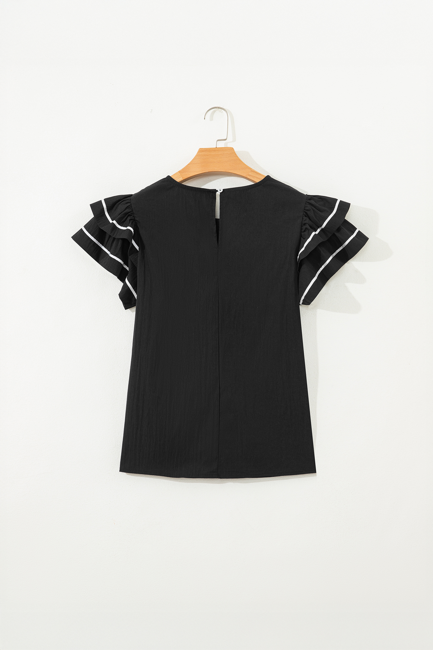 Black Contrast Trim Dual Ruffle Short Sleeve Textured Blouse view 9