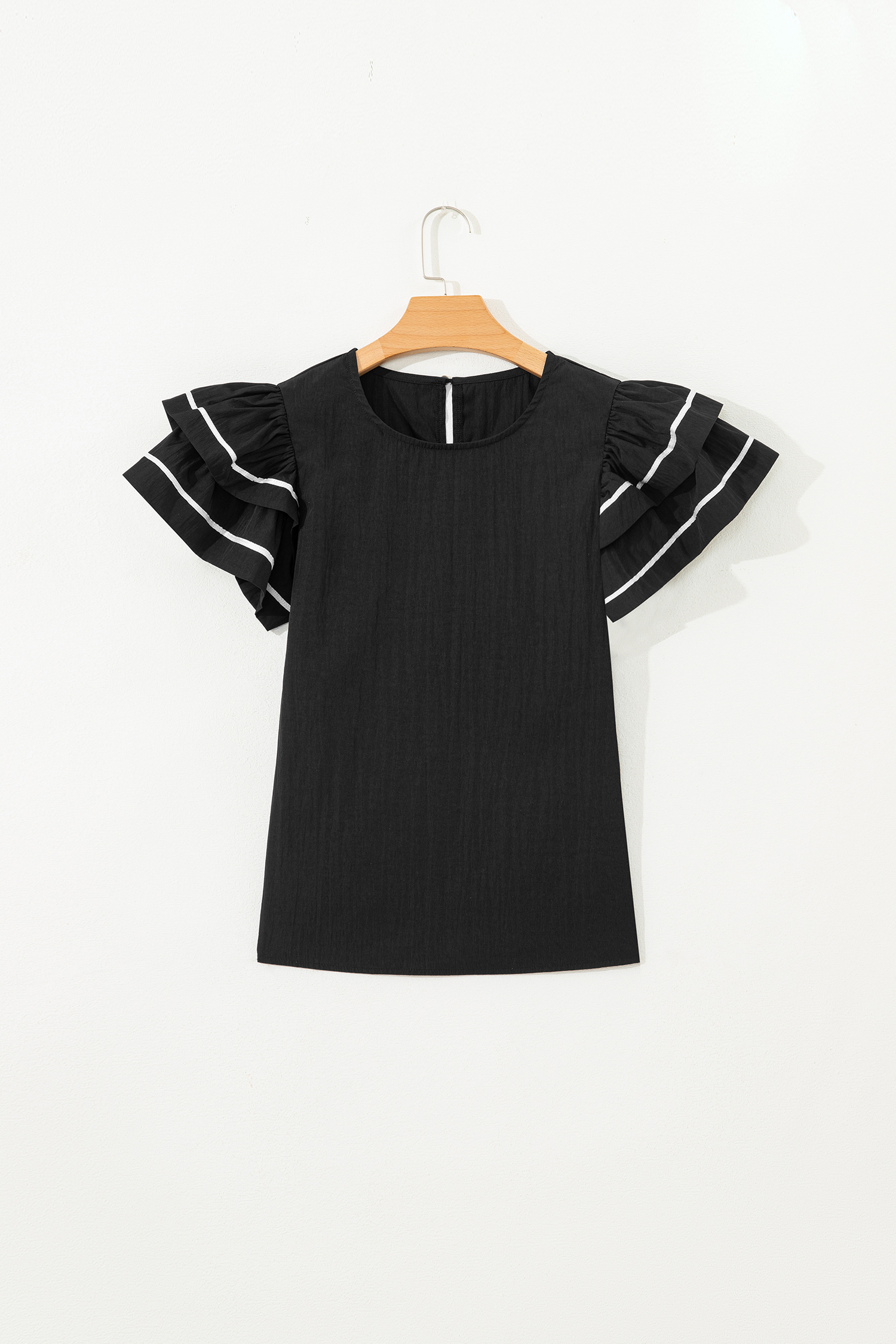 Black Contrast Trim Dual Ruffle Short Sleeve Textured Blouse view 8