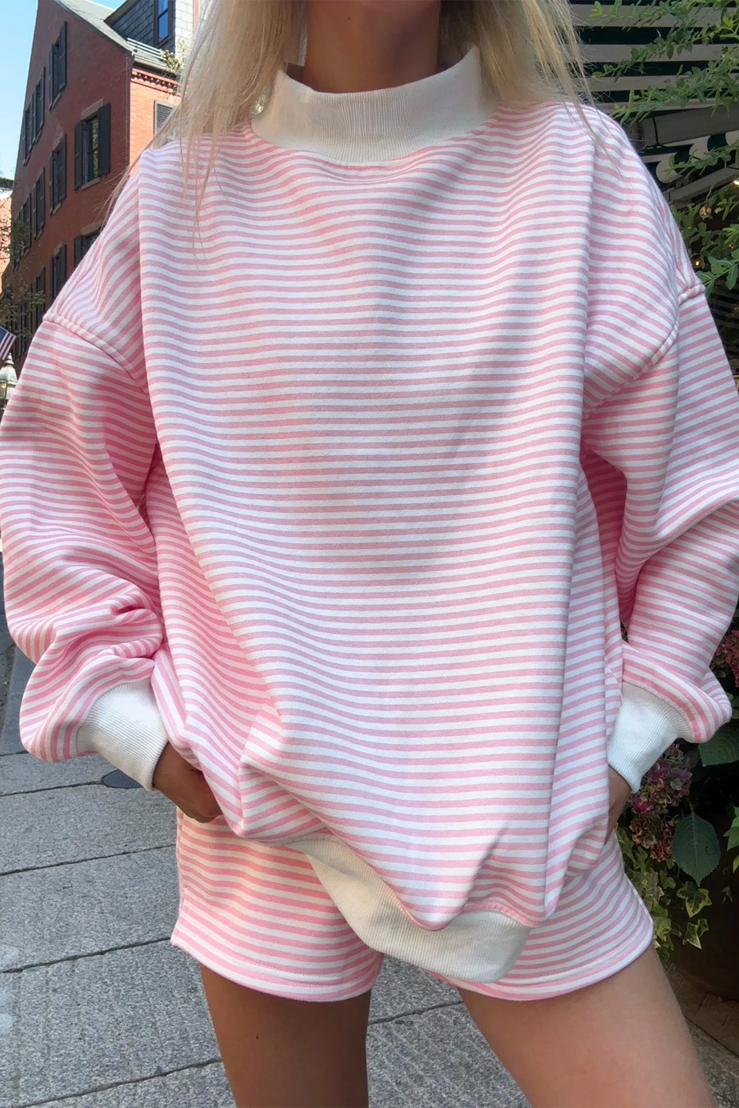 Pink Stripe Oversize Mock Neck Sweatshirt and Shorts Set view 9