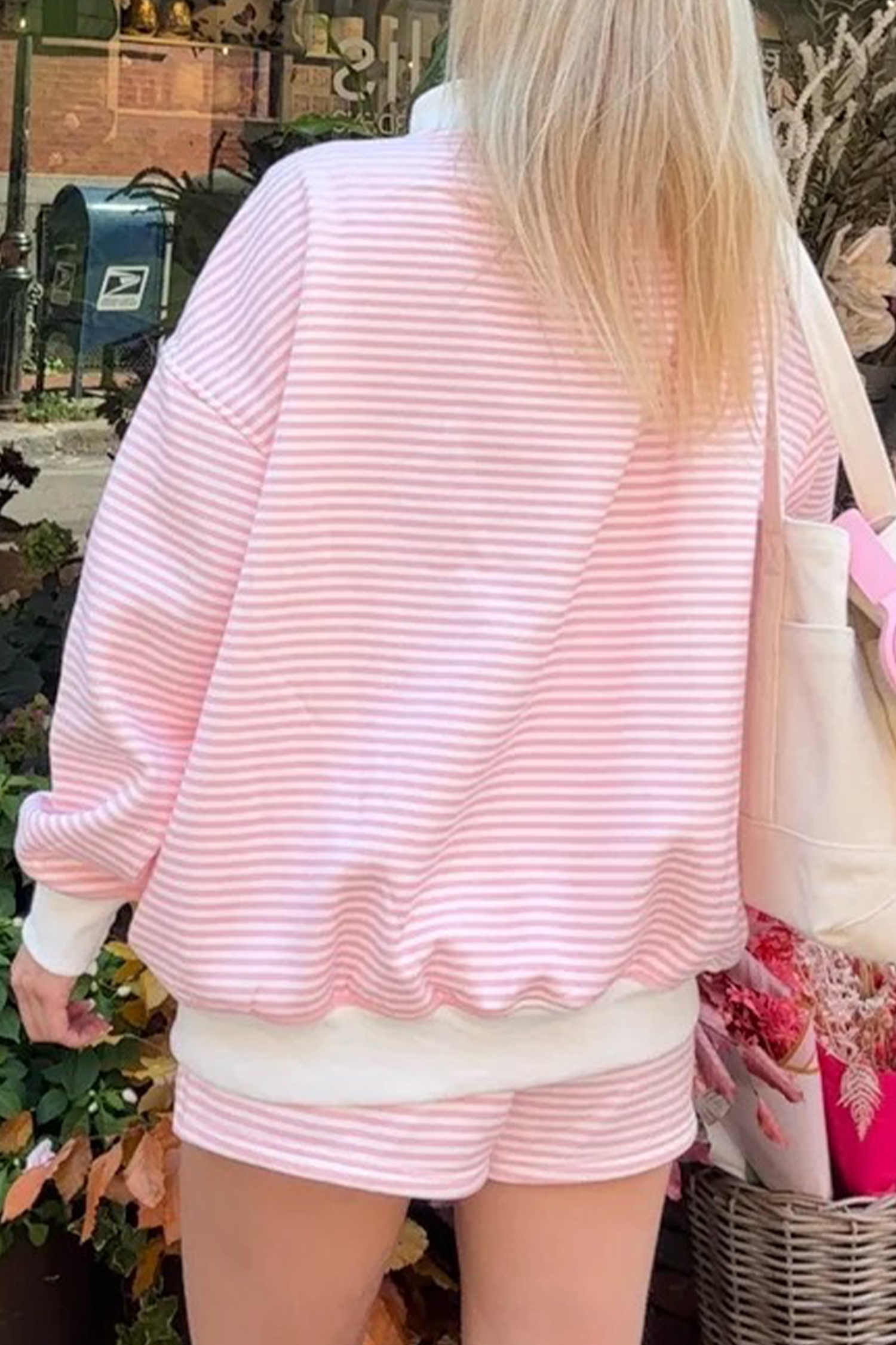 Pink Stripe Oversize Mock Neck Sweatshirt and Shorts Set view 7