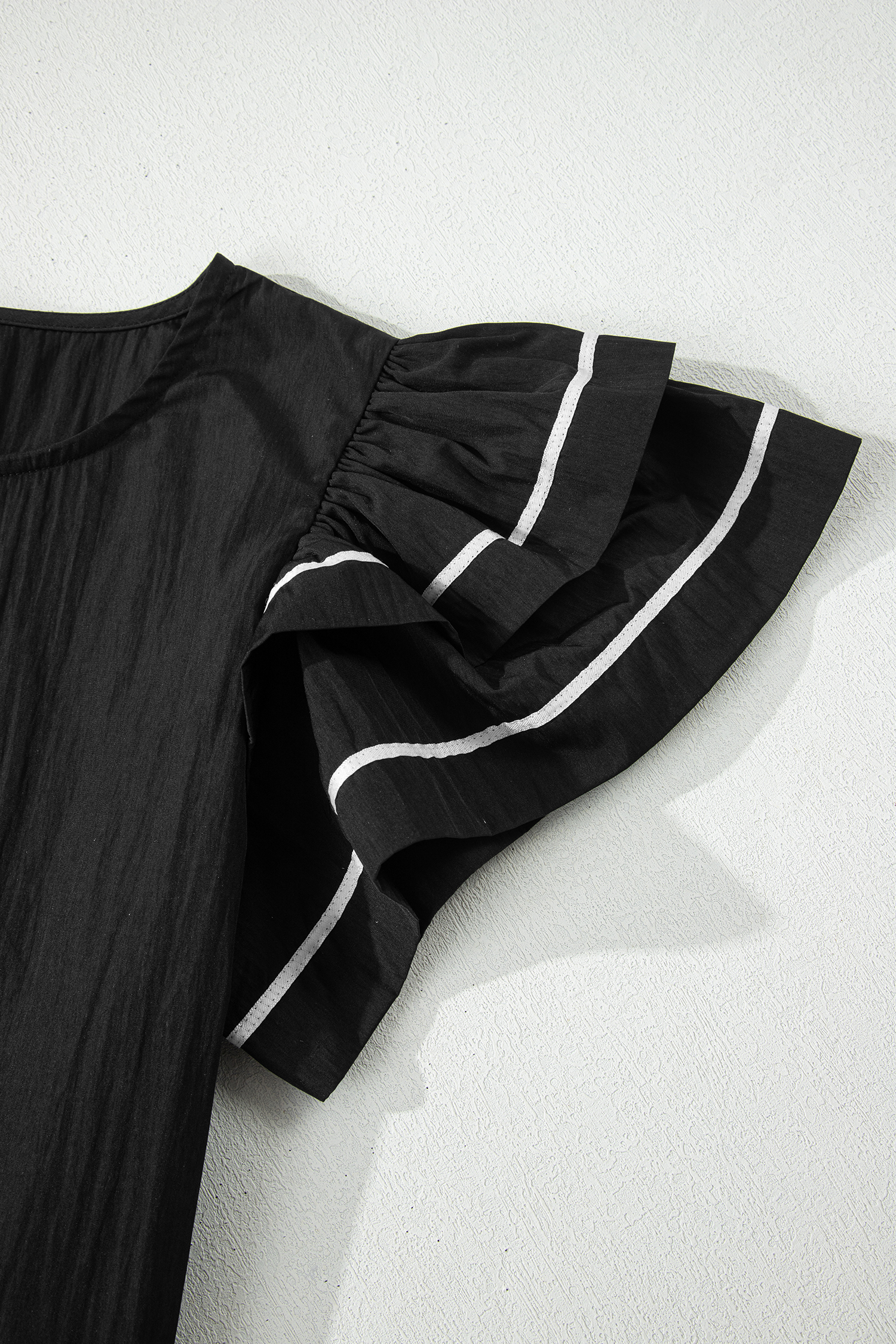 Black Contrast Trim Dual Ruffle Short Sleeve Textured Blouse view 11