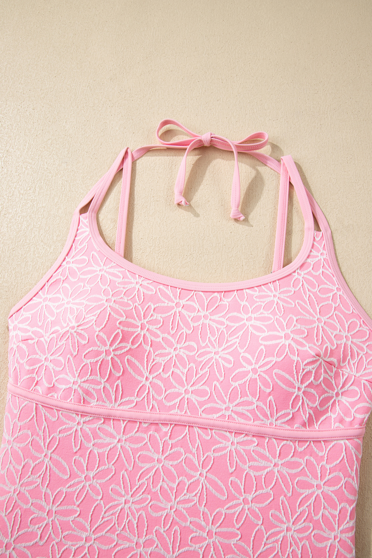 Pink Corded Flower Texture Spaghetti Straps Halterneck One Piece Swimsuit view 16