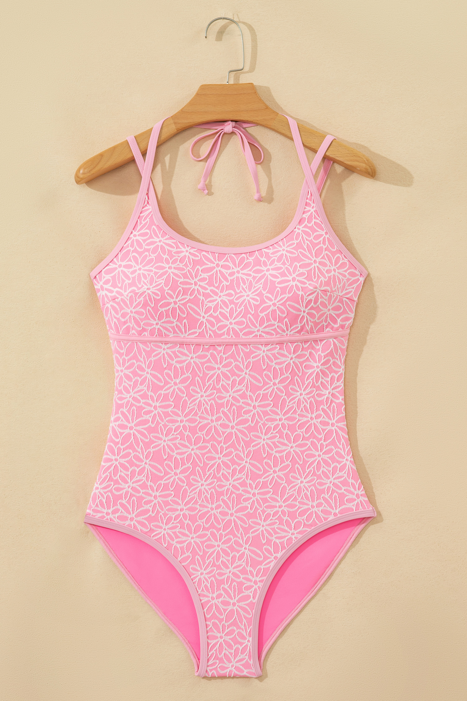 Pink Corded Flower Texture Spaghetti Straps Halterneck One Piece Swimsuit view 6