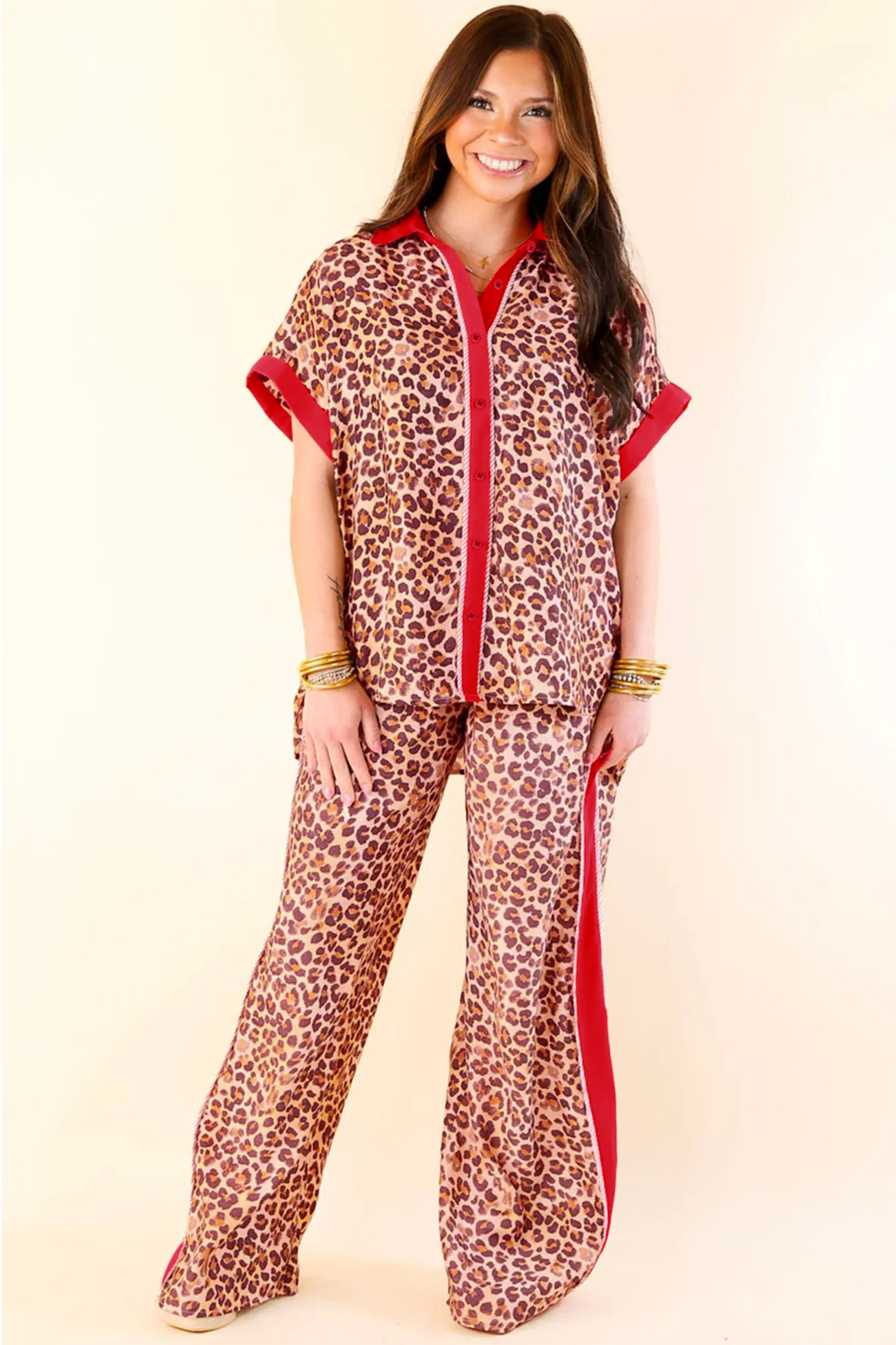Brown Contrast Trim Leopard Top and Pant Set view 23
