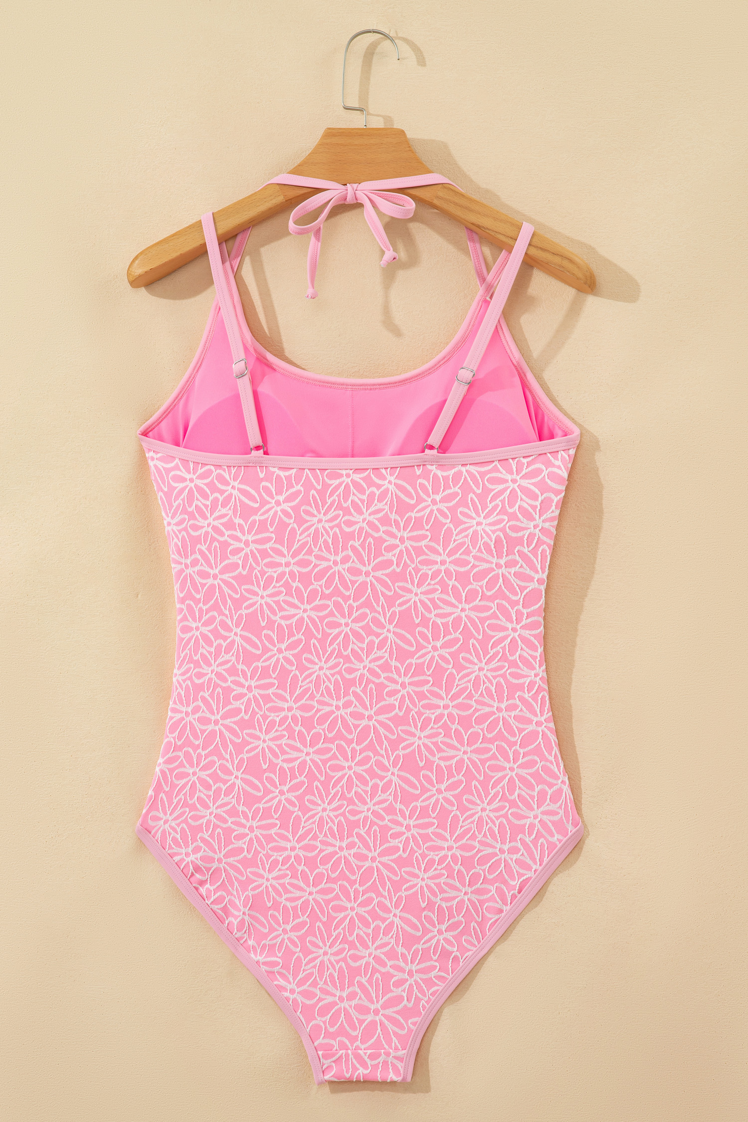 Pink Corded Flower Texture Spaghetti Straps Halterneck One Piece Swimsuit view 7