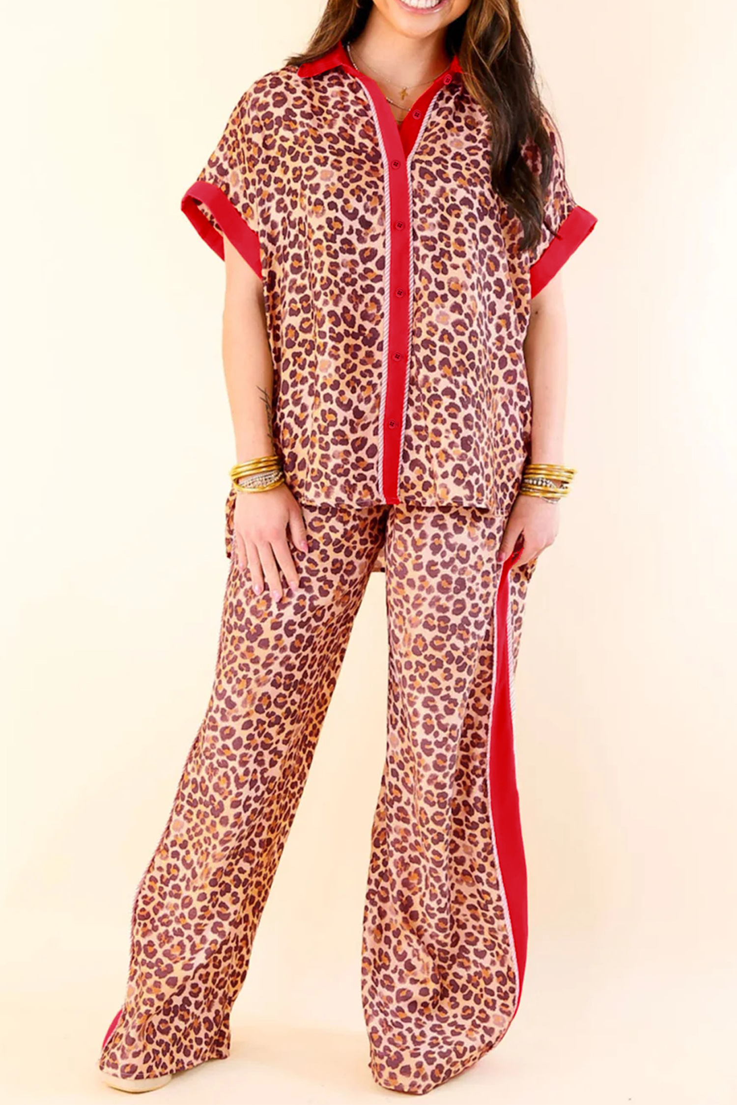 Brown Contrast Trim Leopard Top and Pant Set view 21
