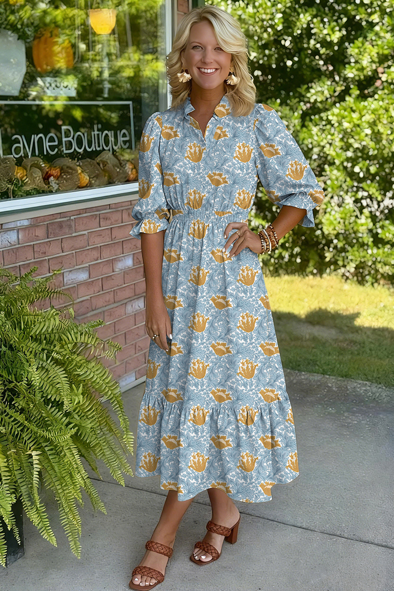 Brown Floral Printed Frilled V Neck Bracelet Sleeve Long Dress view 18