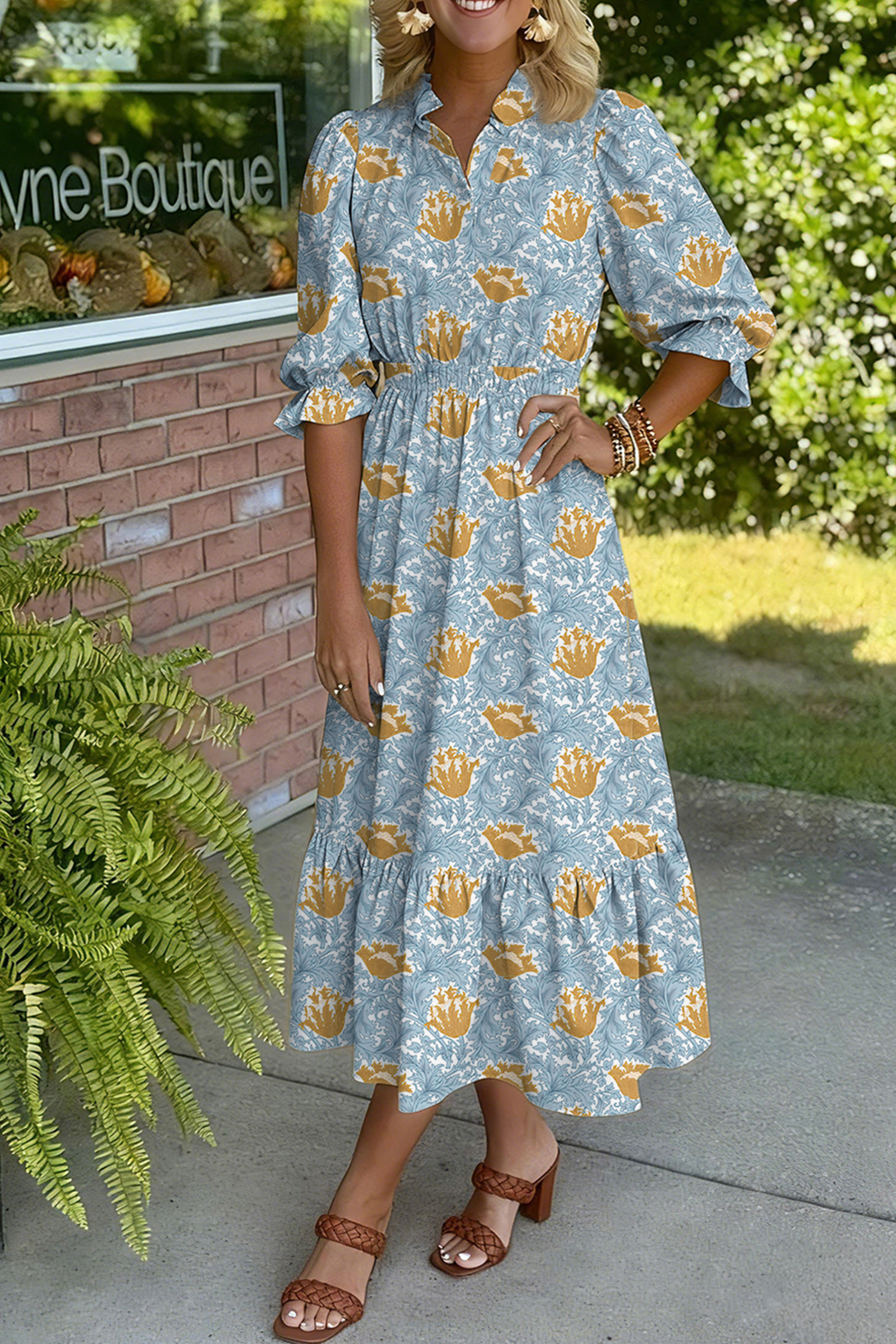 Brown Floral Printed Frilled V Neck Bracelet Sleeve Long Dress view 16
