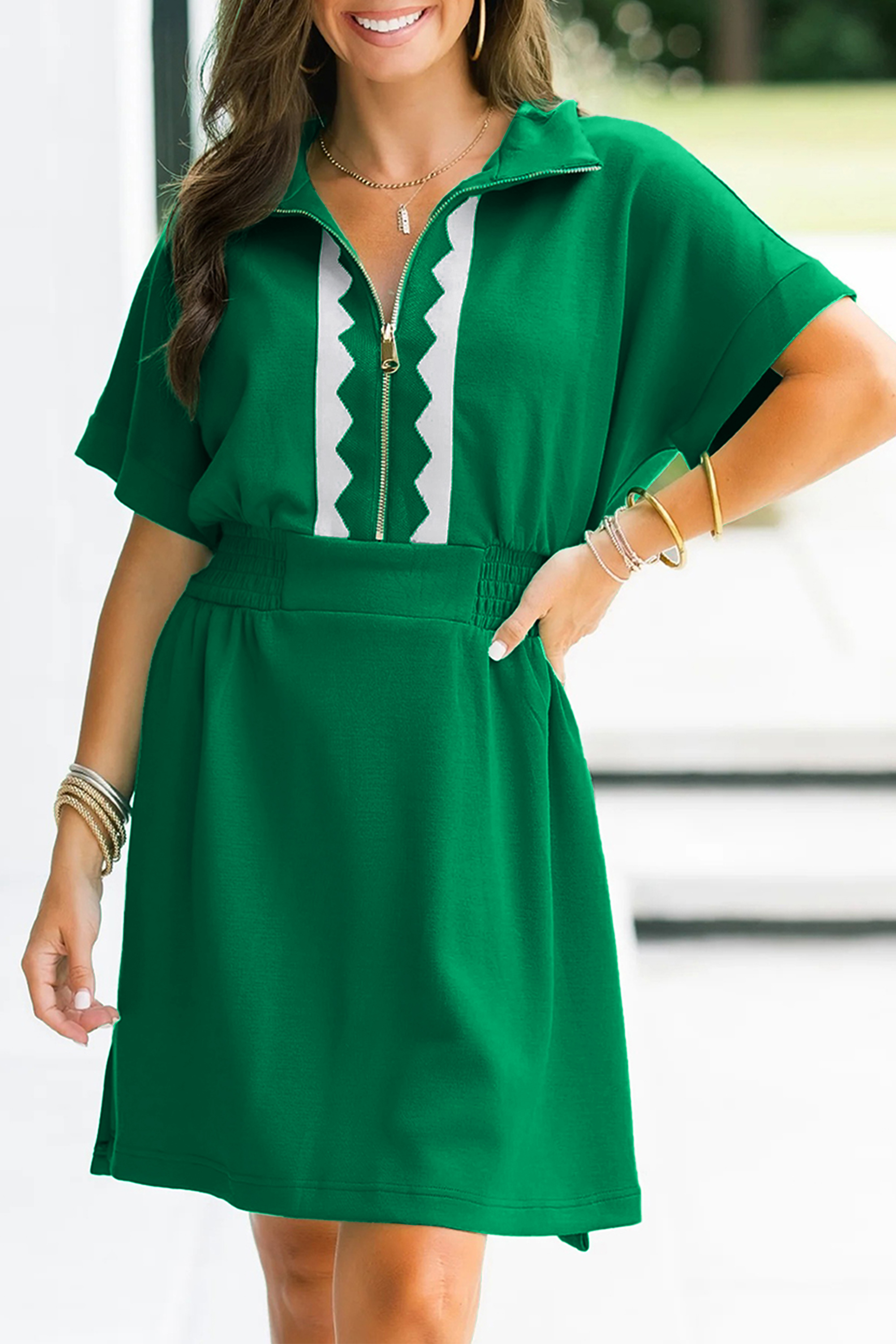 Bright Green Contrast Patchwork Half Zip Elastic Waist Short Sleeve Mini Dress view 11