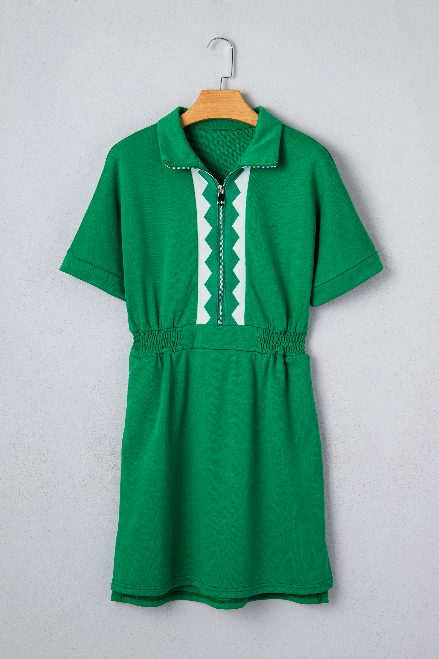 Bright Green Contrast Patchwork Half Zip Elastic Waist Short Sleeve Mini Dress view 12