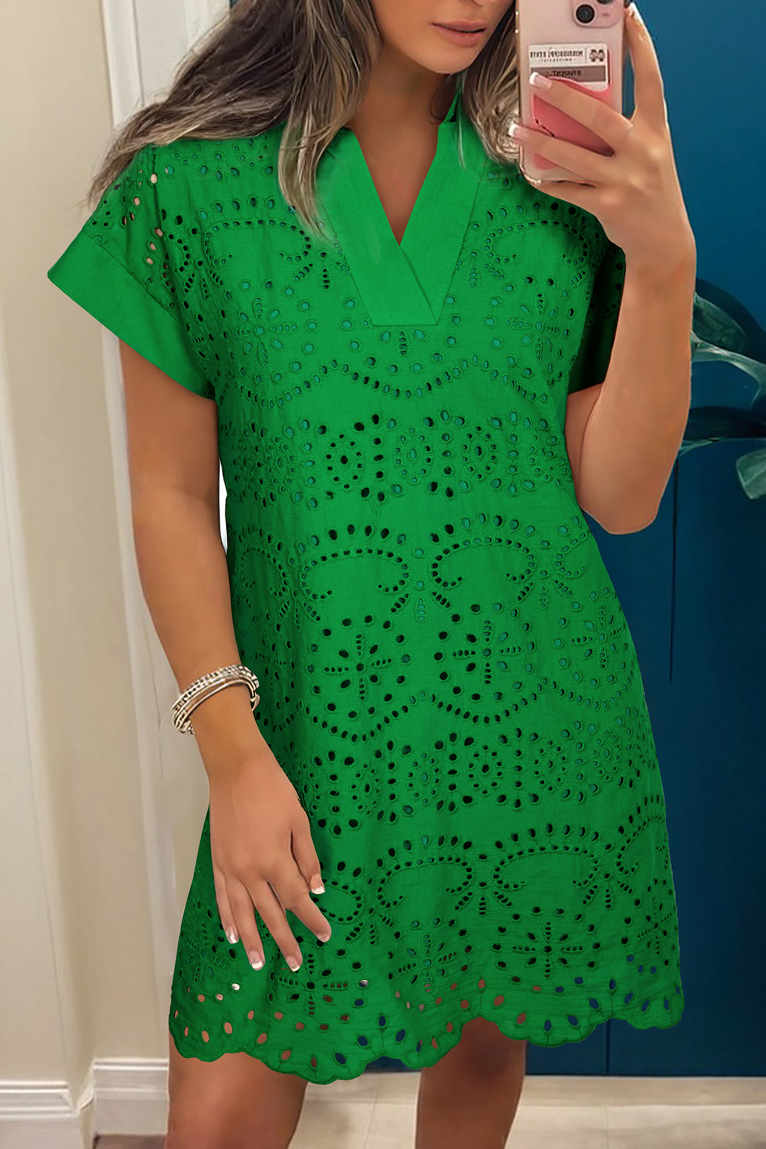 Green Solid Color Eyelet Embroidered T Shirt Mini Dress view 10