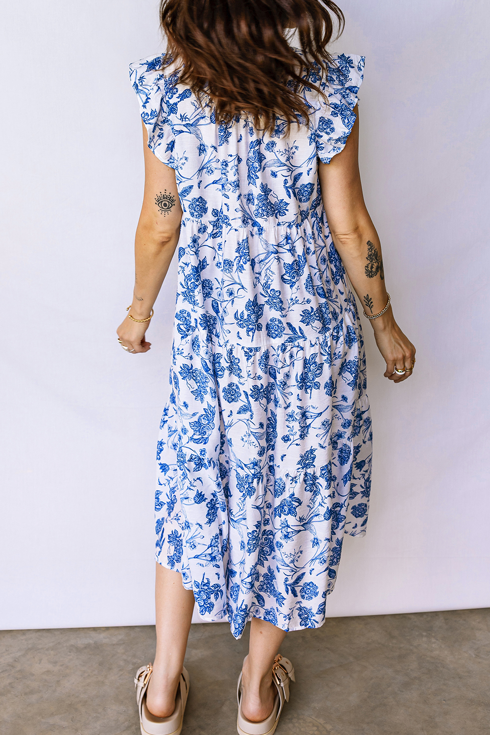 Blue Ruffled Short Sleeve Tiered Floral Midi Dress view 3