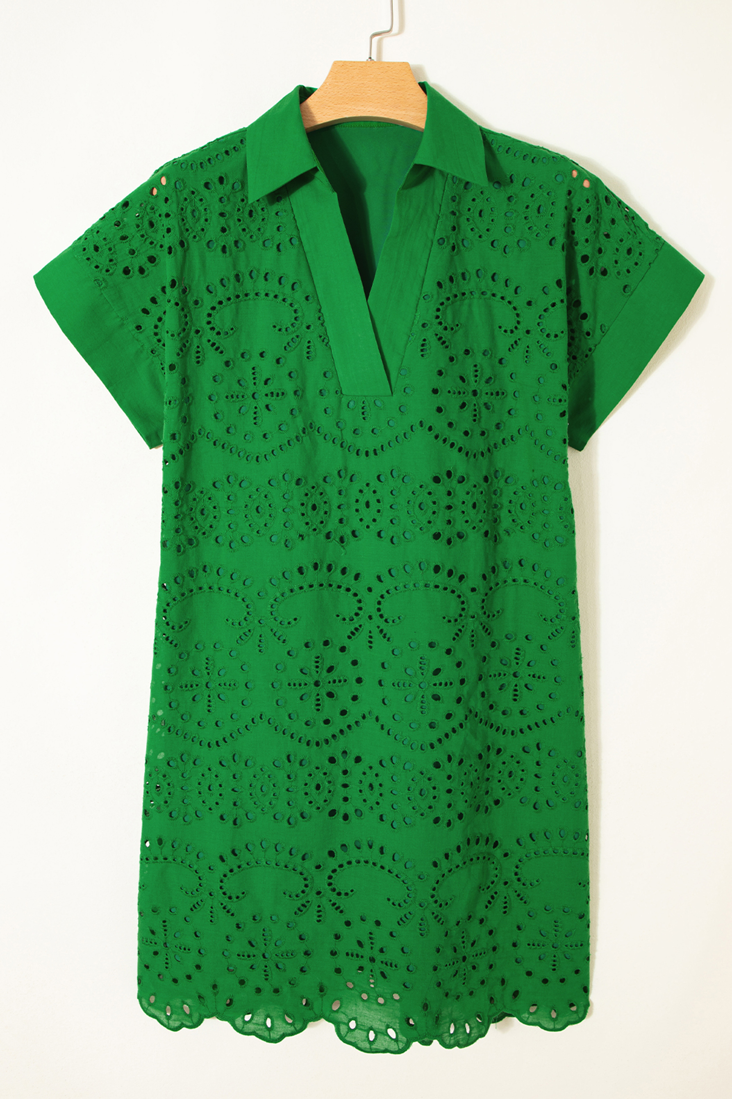 Green Solid Color Eyelet Embroidered T Shirt Mini Dress view 13