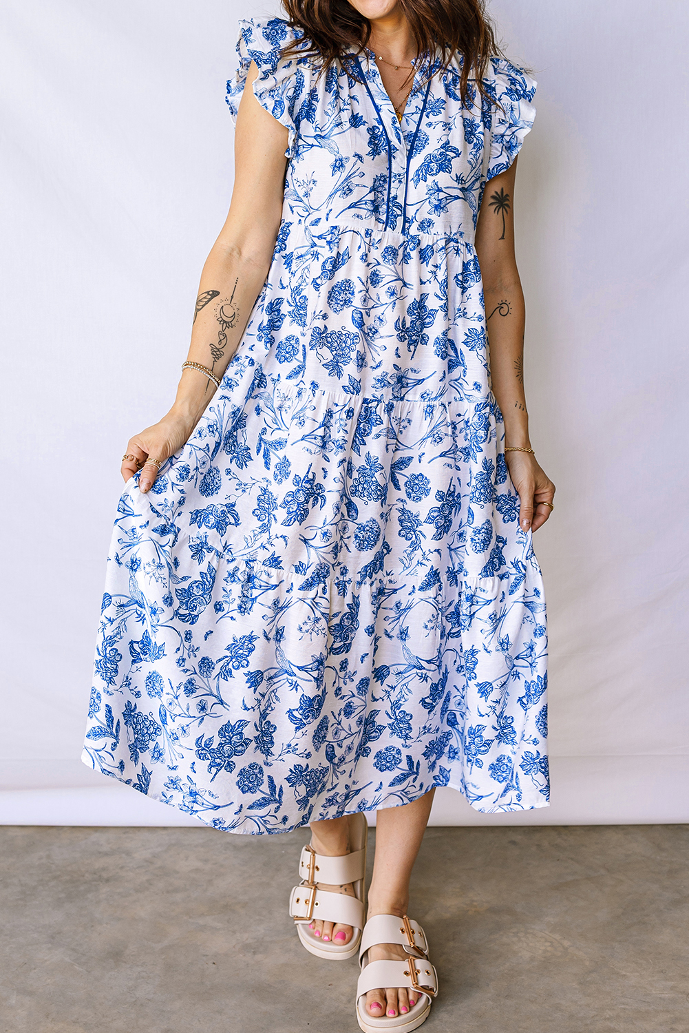 Blue Ruffled Short Sleeve Tiered Floral Midi Dress view 2