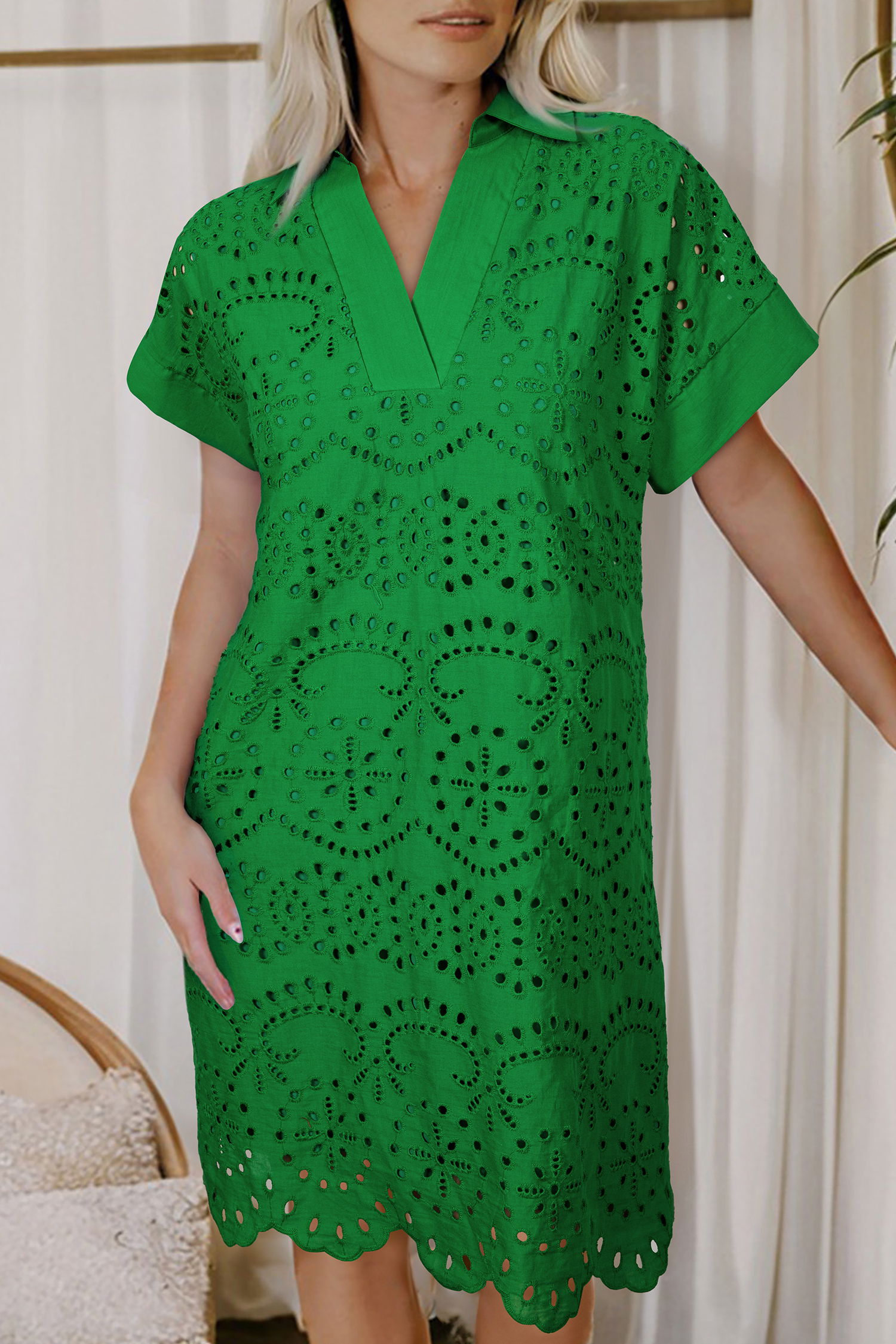 Green Solid Color Eyelet Embroidered T Shirt Mini Dress view 12