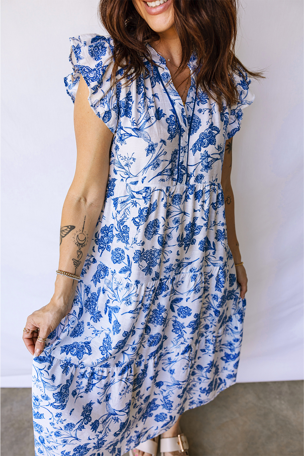 Blue Ruffled Short Sleeve Tiered Floral Midi Dress view 9
