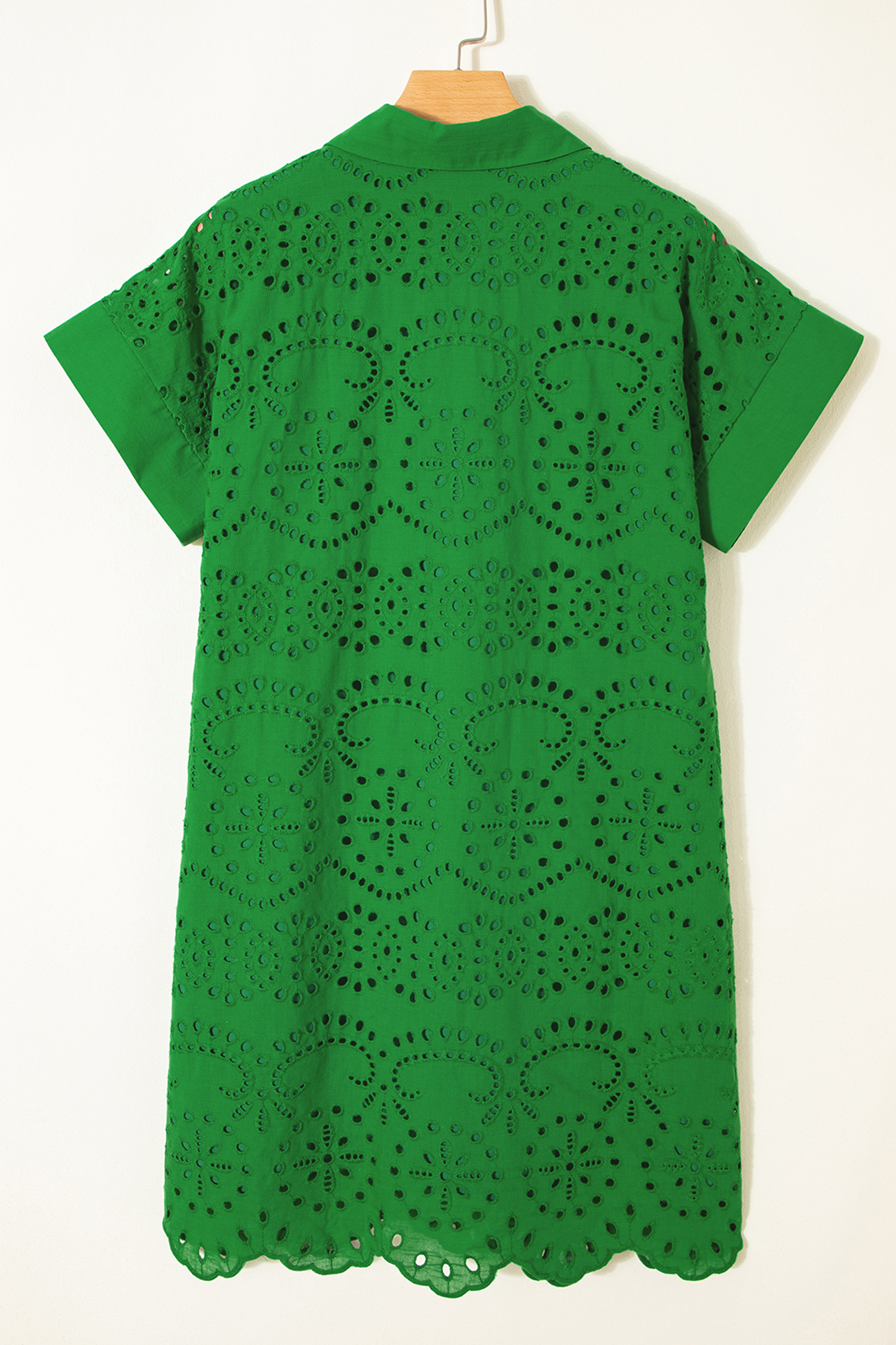 Green Solid Color Eyelet Embroidered T Shirt Mini Dress view 14