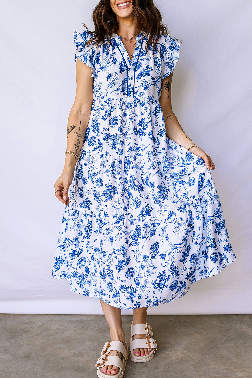 Blue Ruffled Short Sleeve Tiered Floral Midi Dress view 13
