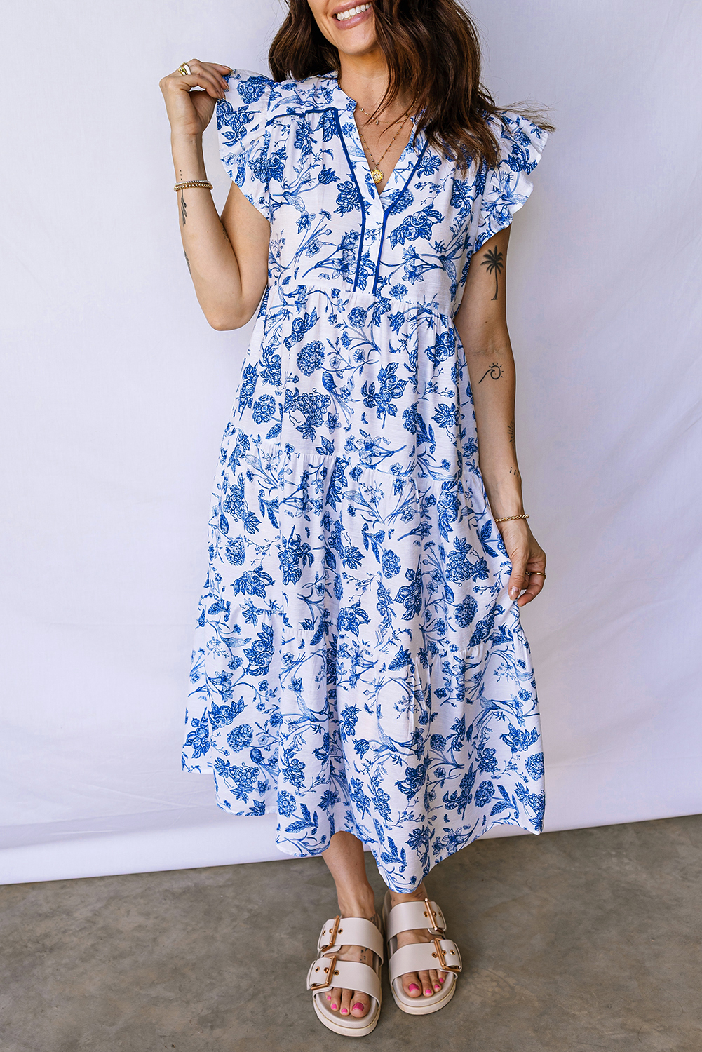 Blue Ruffled Short Sleeve Tiered Floral Midi Dress view 8