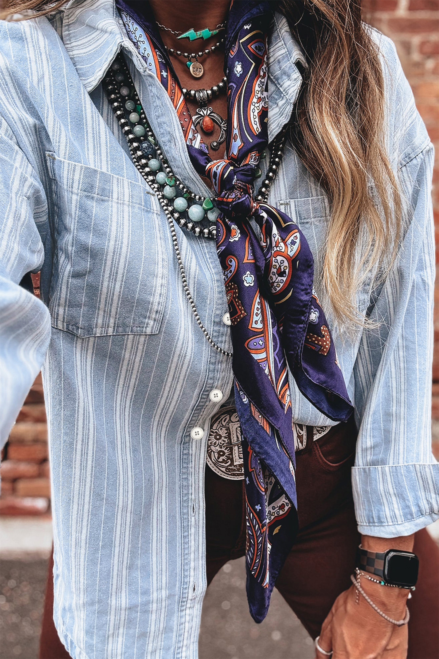 Sky Blue Stripe Boyfriend Chest Pocket Classic Denim Shacket view 3