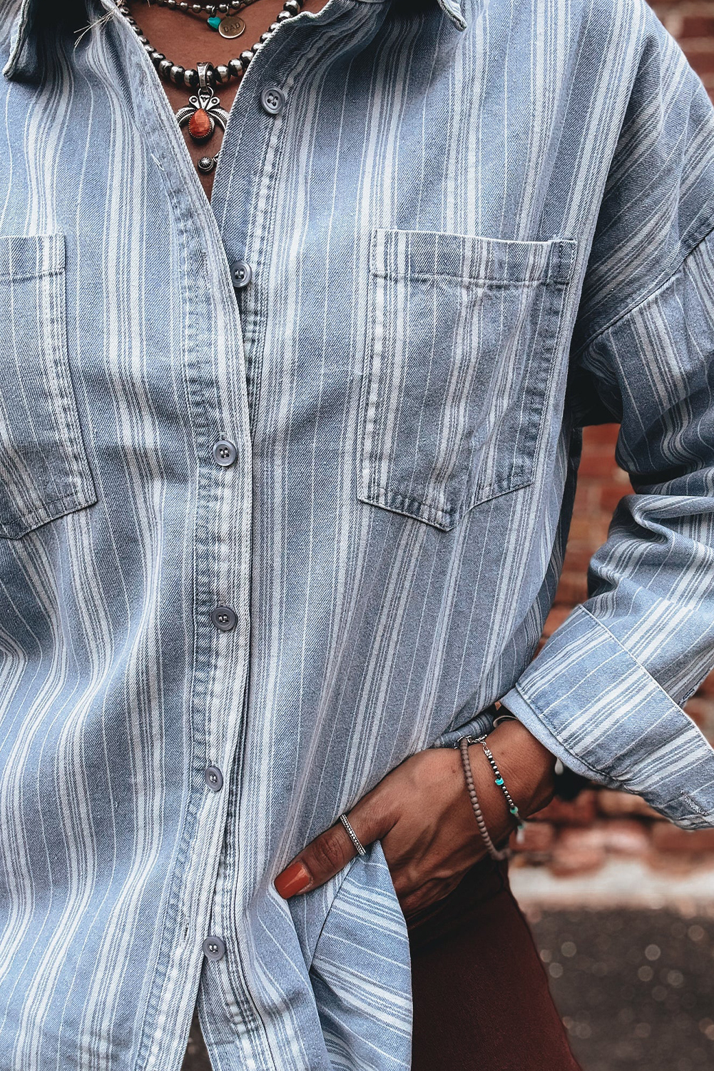 Sky Blue Stripe Boyfriend Chest Pocket Classic Denim Shacket view 4