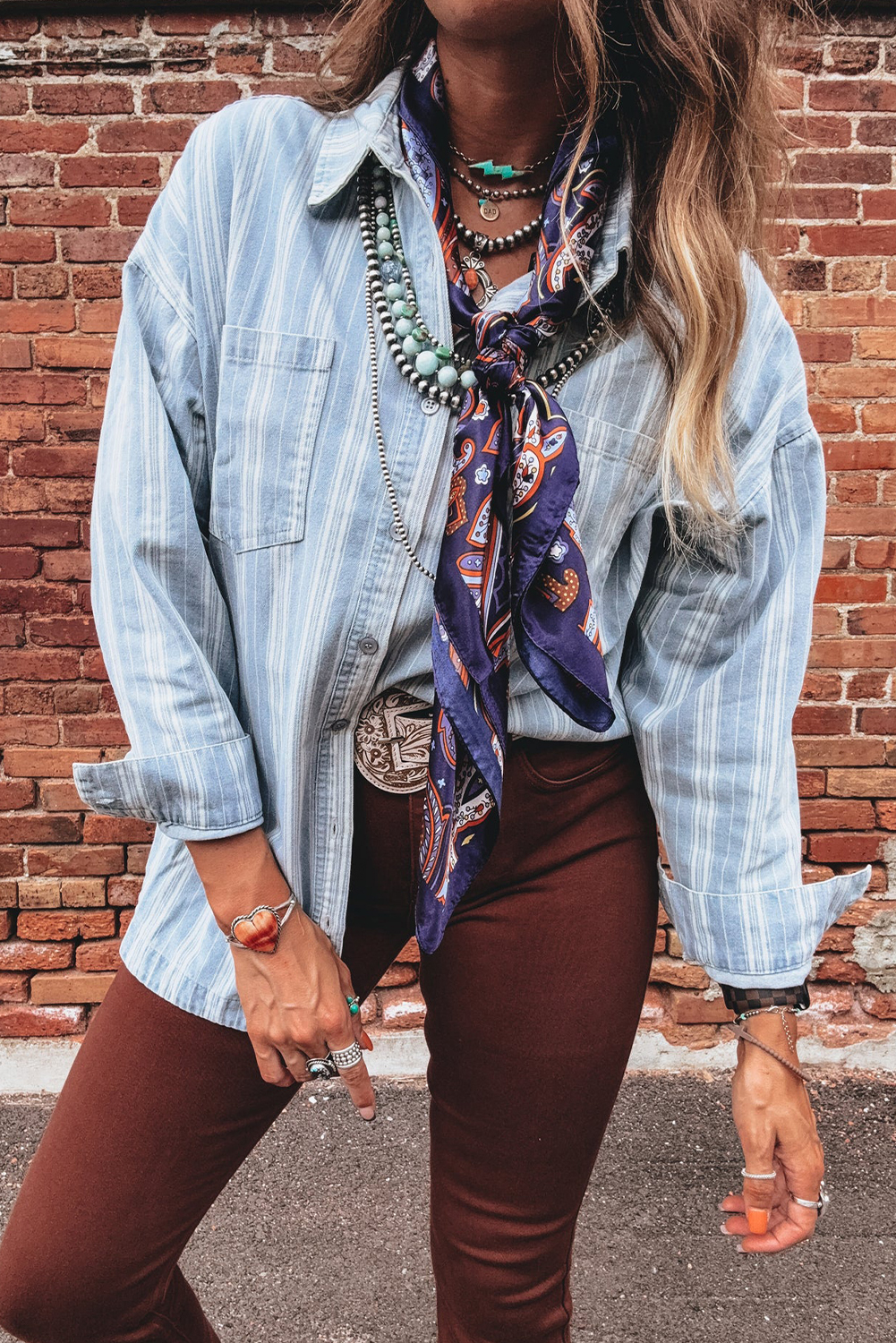 Sky Blue Stripe Boyfriend Chest Pocket Classic Denim Shacket view 7