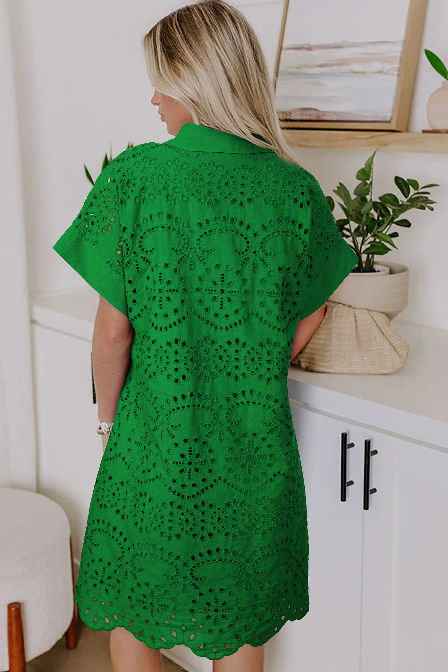 Green Solid Color Eyelet Embroidered T Shirt Mini Dress view 11