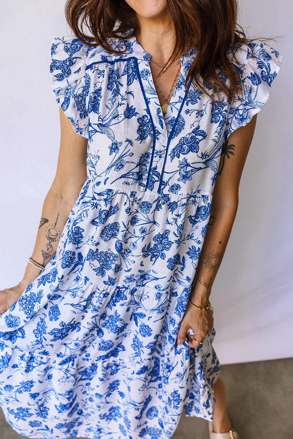 Blue Ruffled Short Sleeve Tiered Floral Midi Dress view 5