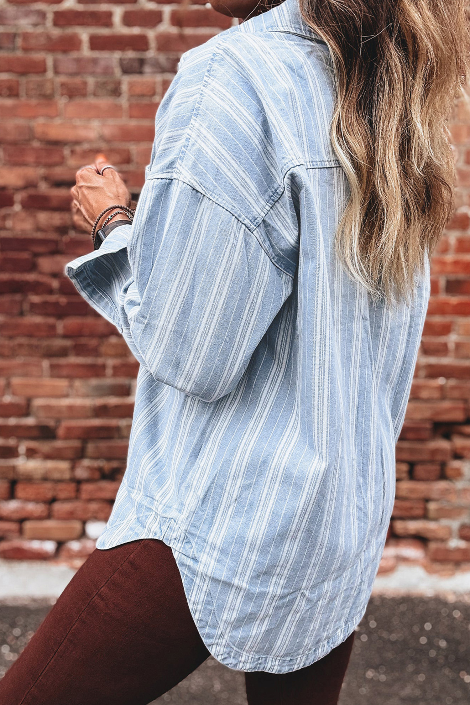 Sky Blue Stripe Boyfriend Chest Pocket Classic Denim Shacket view 2