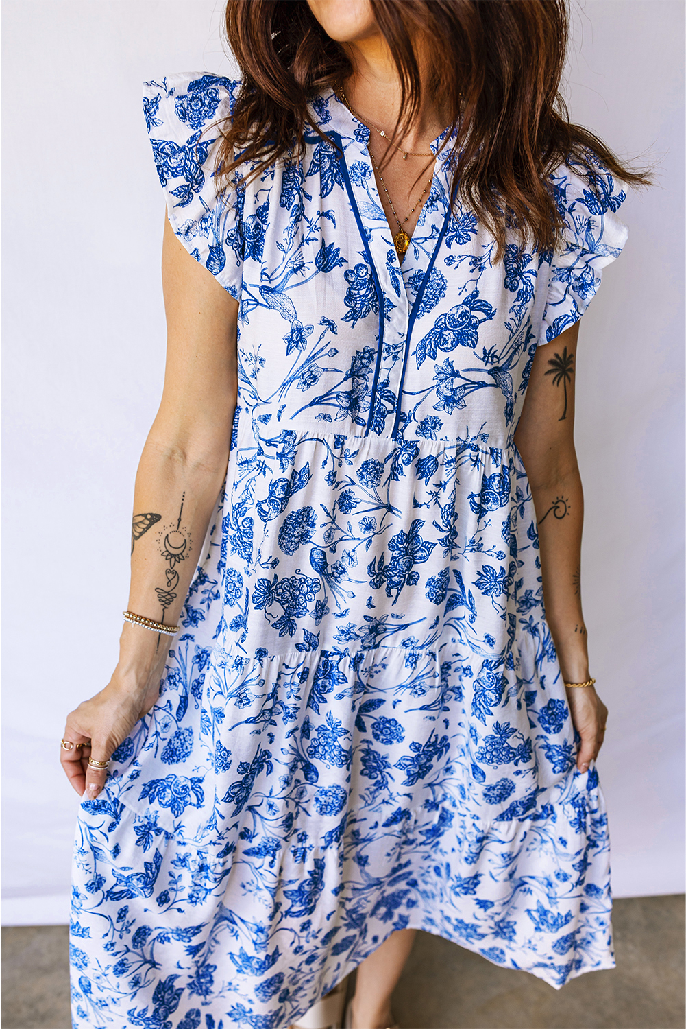 Blue Ruffled Short Sleeve Tiered Floral Midi Dress view 11