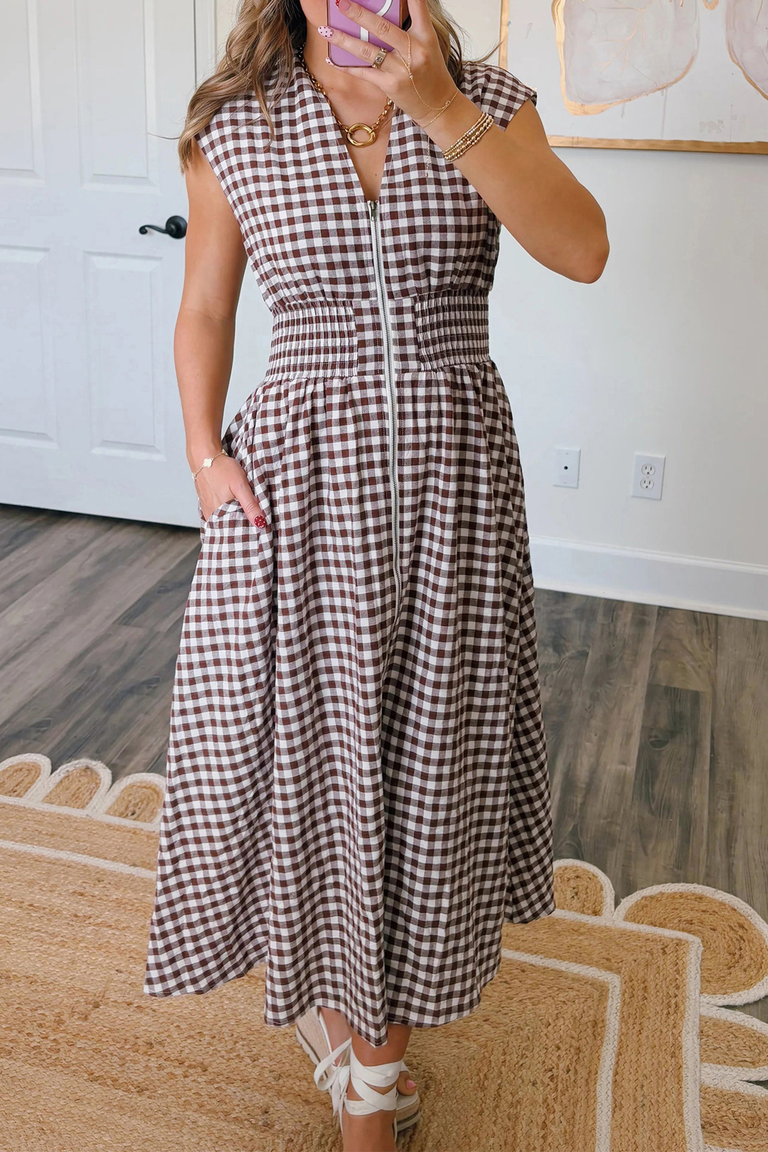 Coffee Plaid Print Full Zipper Cinched Waist Fit Flare Sleeveless Maxi Dress view 9