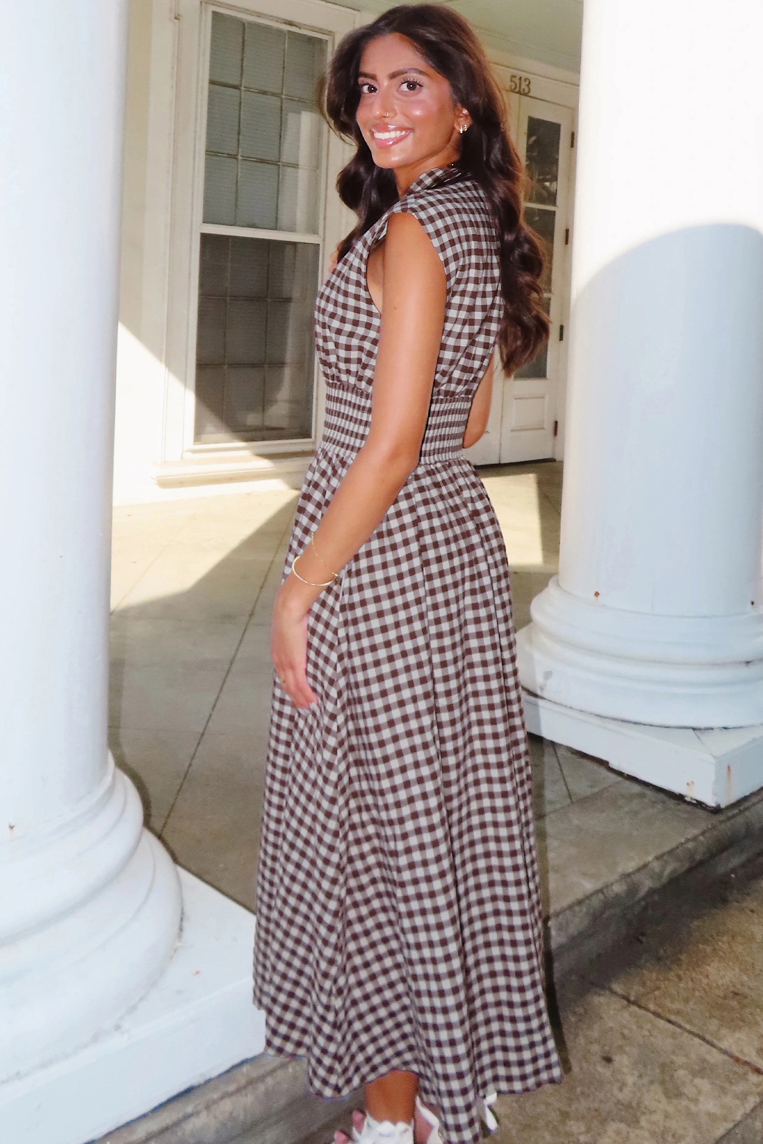 Coffee Plaid Print Full Zipper Cinched Waist Fit Flare Sleeveless Maxi Dress view 10
