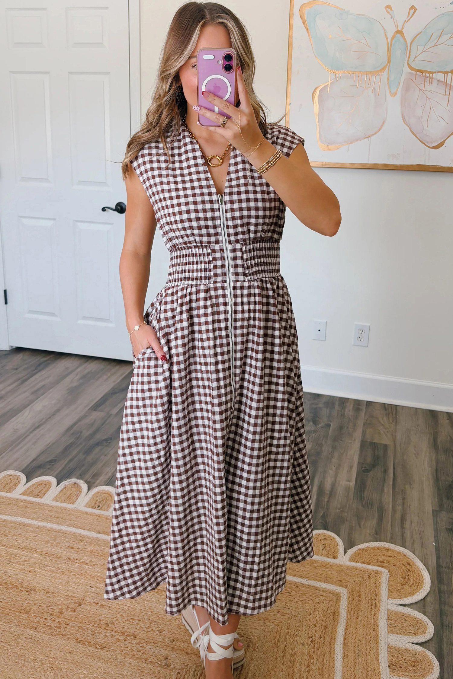 Coffee Plaid Print Full Zipper Cinched Waist Fit Flare Sleeveless Maxi Dress view 12