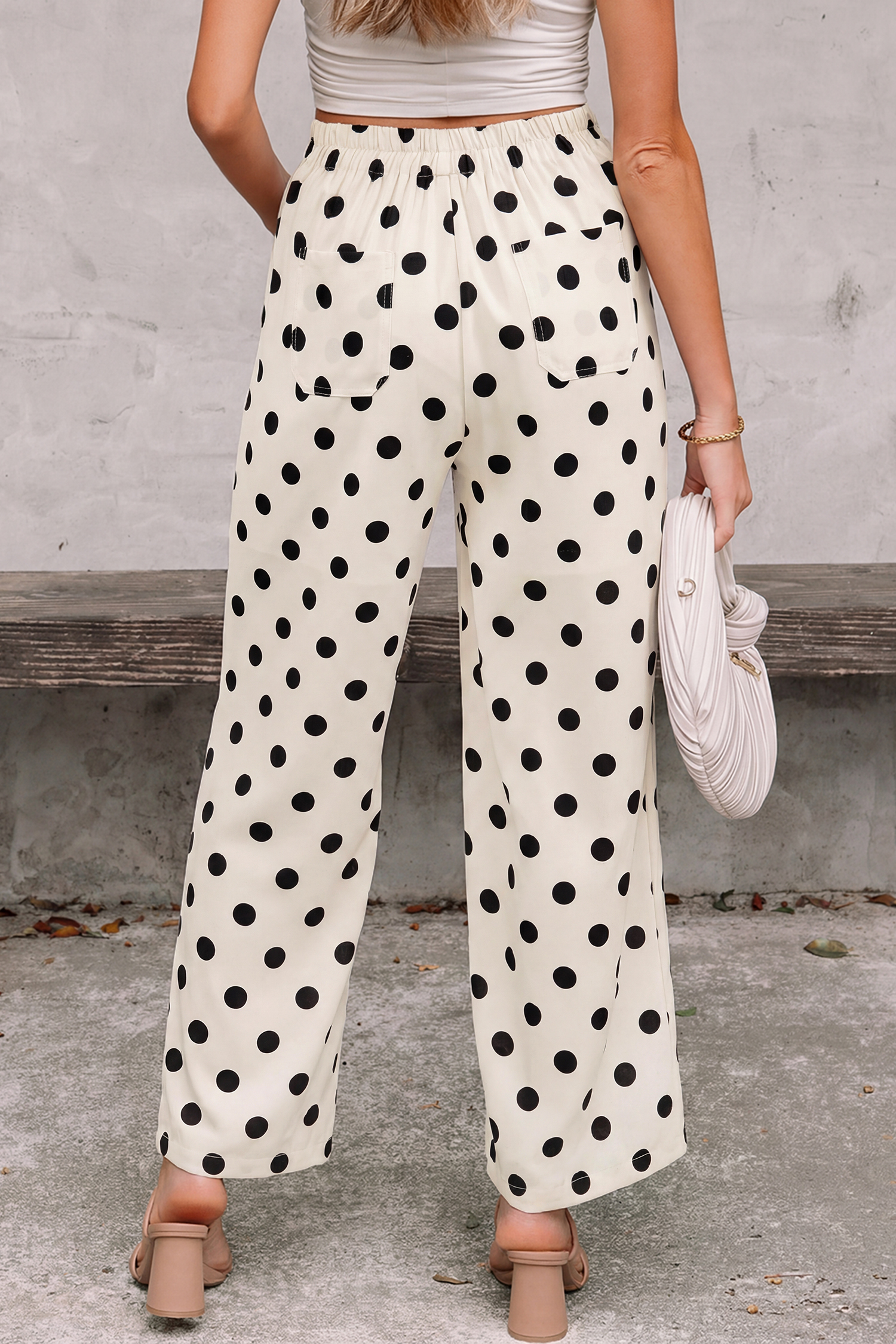 White Polka Dot Print Patched Pocket Mid-rise Straight Leg Pants view 3