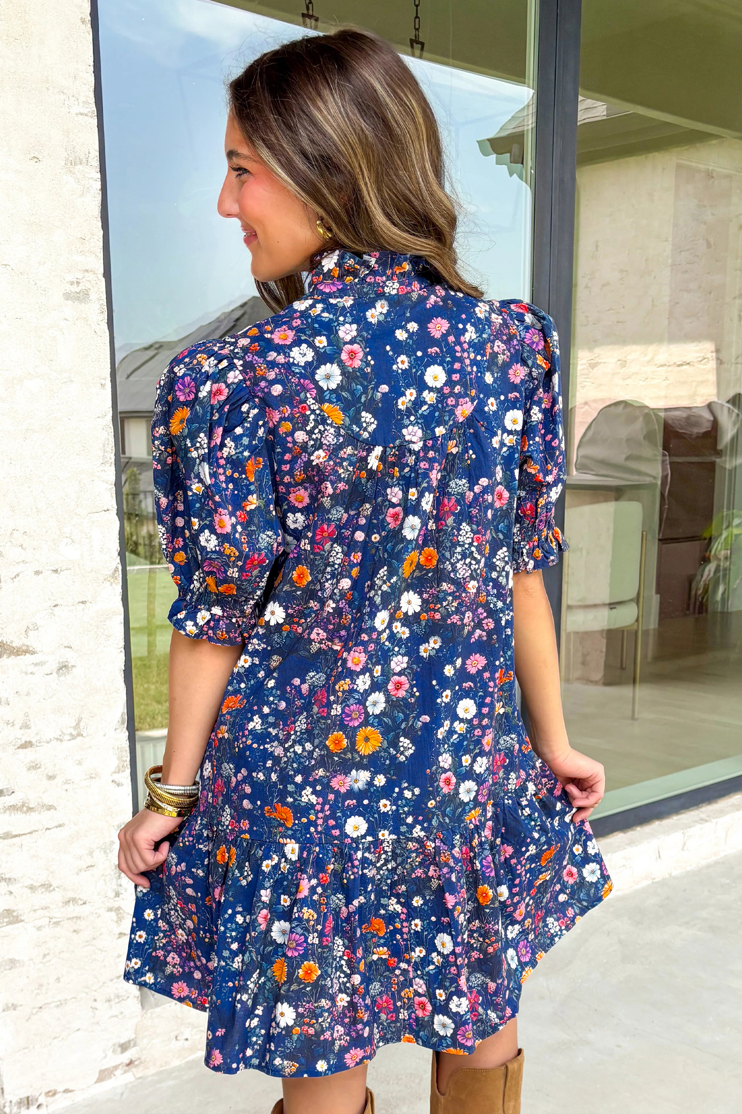 Blue Wild Daisy Floral Split Neck Short Puff Sleeve Mini Dress view 9