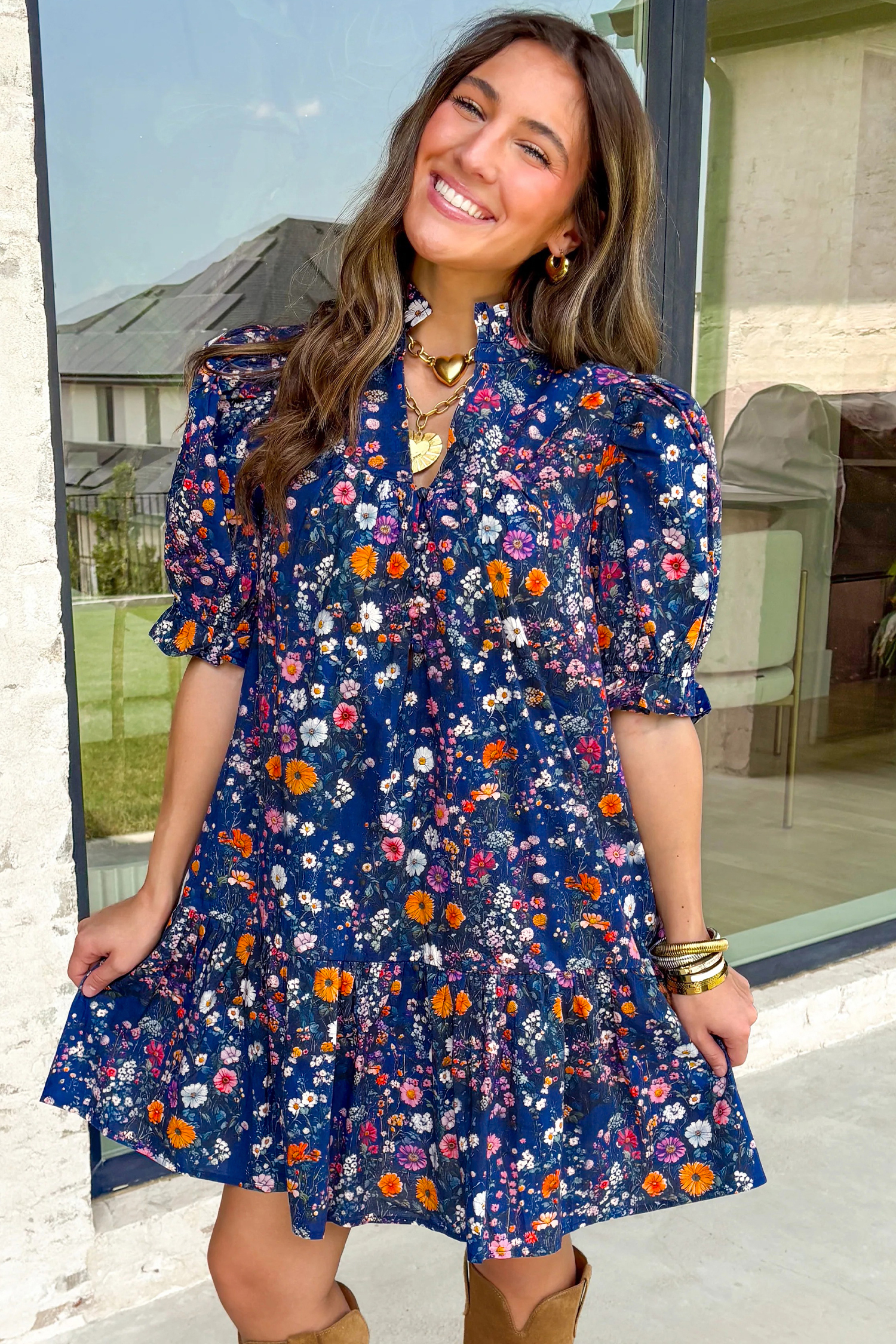 Blue Wild Daisy Floral Split Neck Short Puff Sleeve Mini Dress view 11