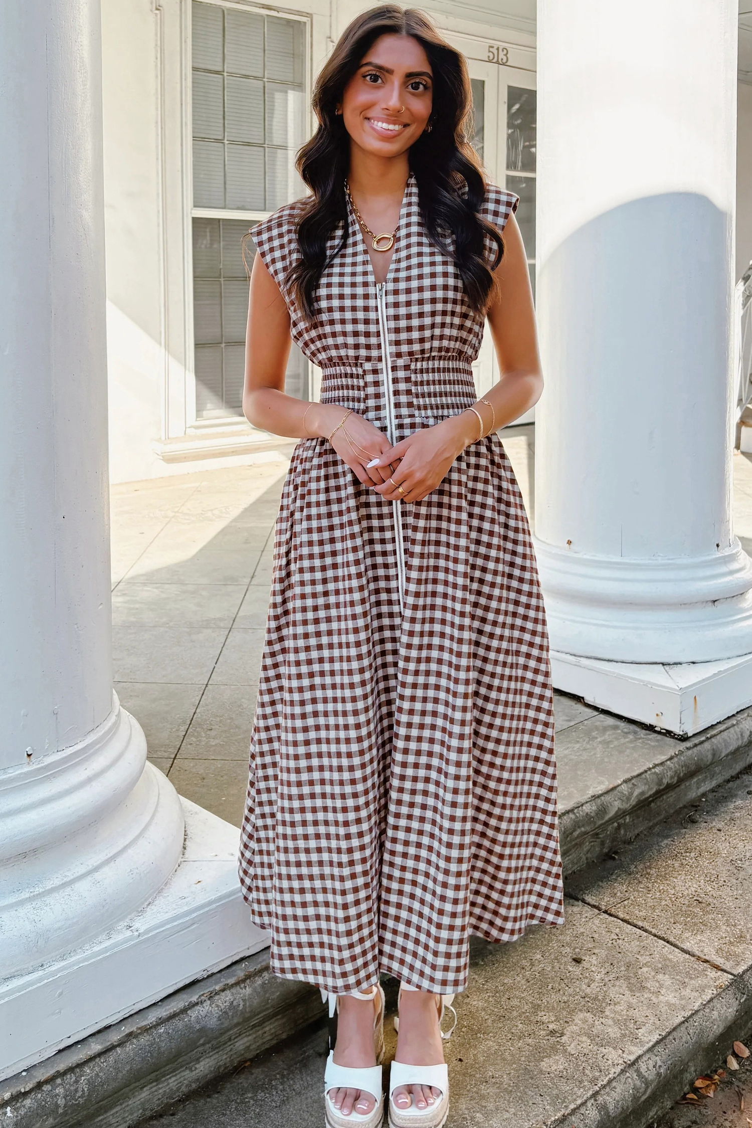 Coffee Plaid Print Full Zipper Cinched Waist Fit Flare Sleeveless Maxi Dress view 11