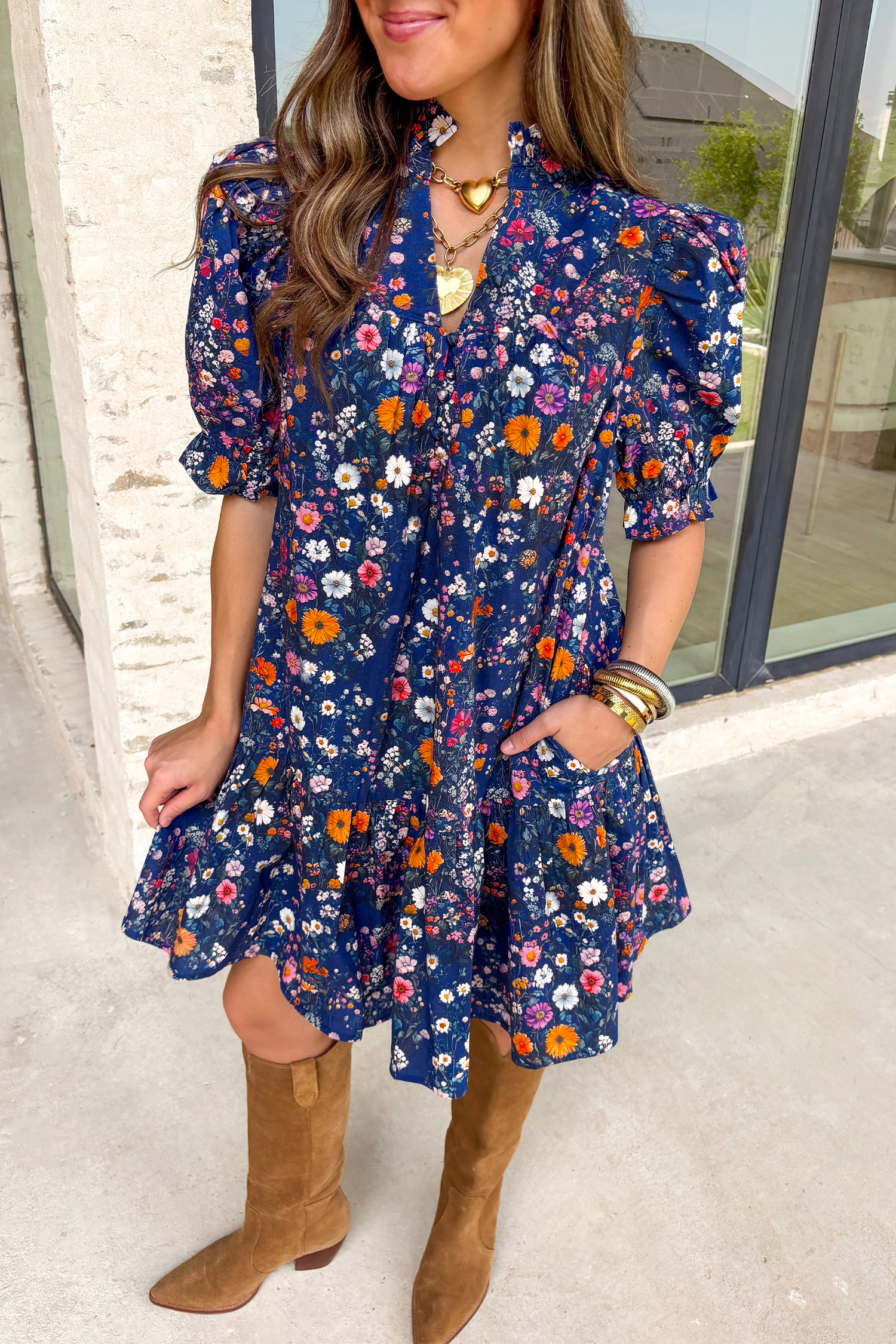 Blue Wild Daisy Floral Split Neck Short Puff Sleeve Mini Dress view 8