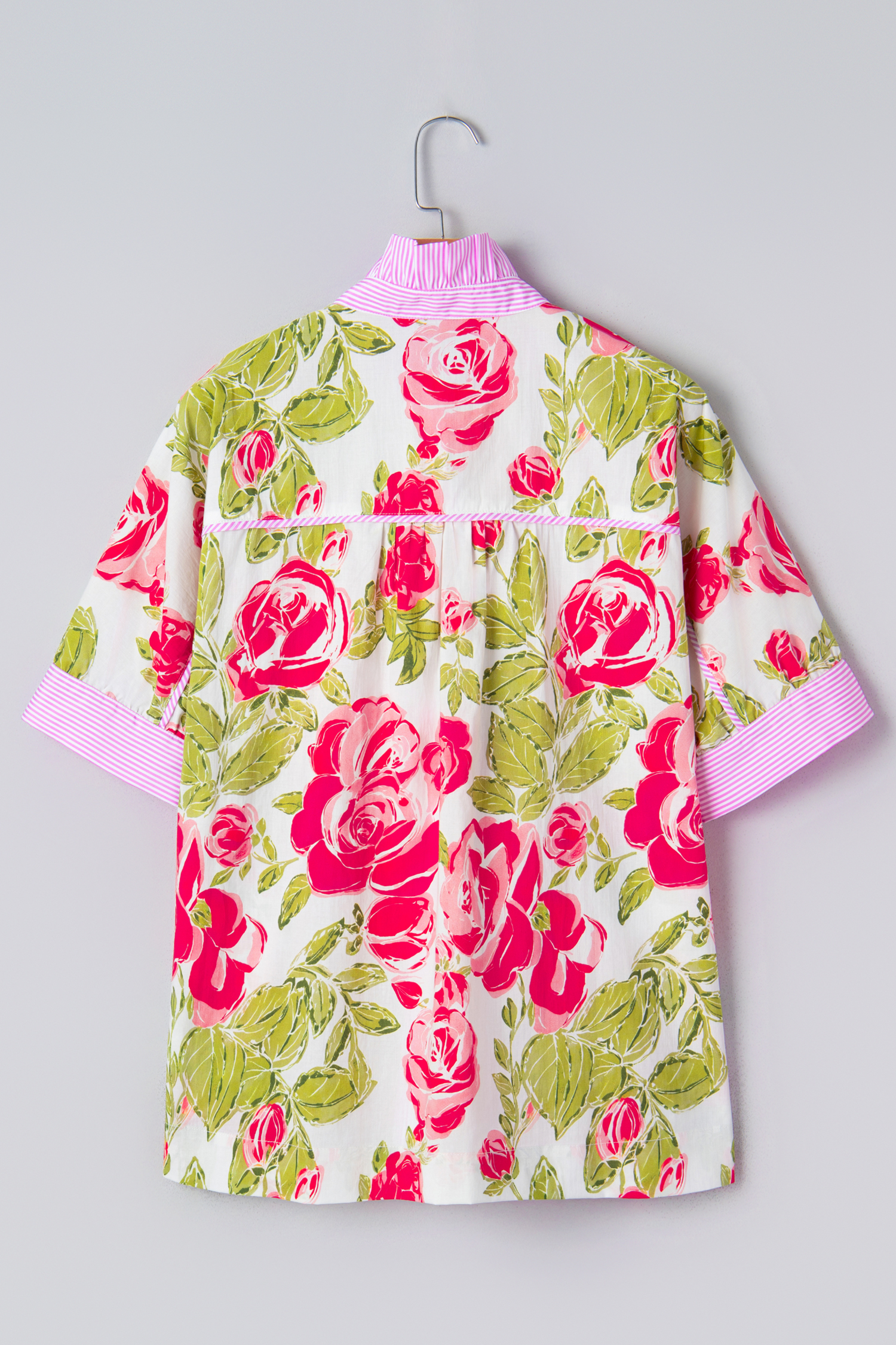 Pink Flower Print Striped Trim Frilled Collar Short Sleeve Shirt view 13