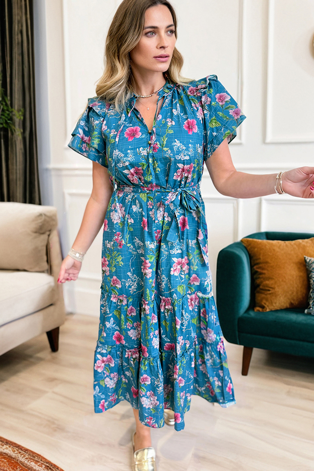 Blue Floral Flutter Sleeve Button Tie Split Neck Belted Long Dress view 7