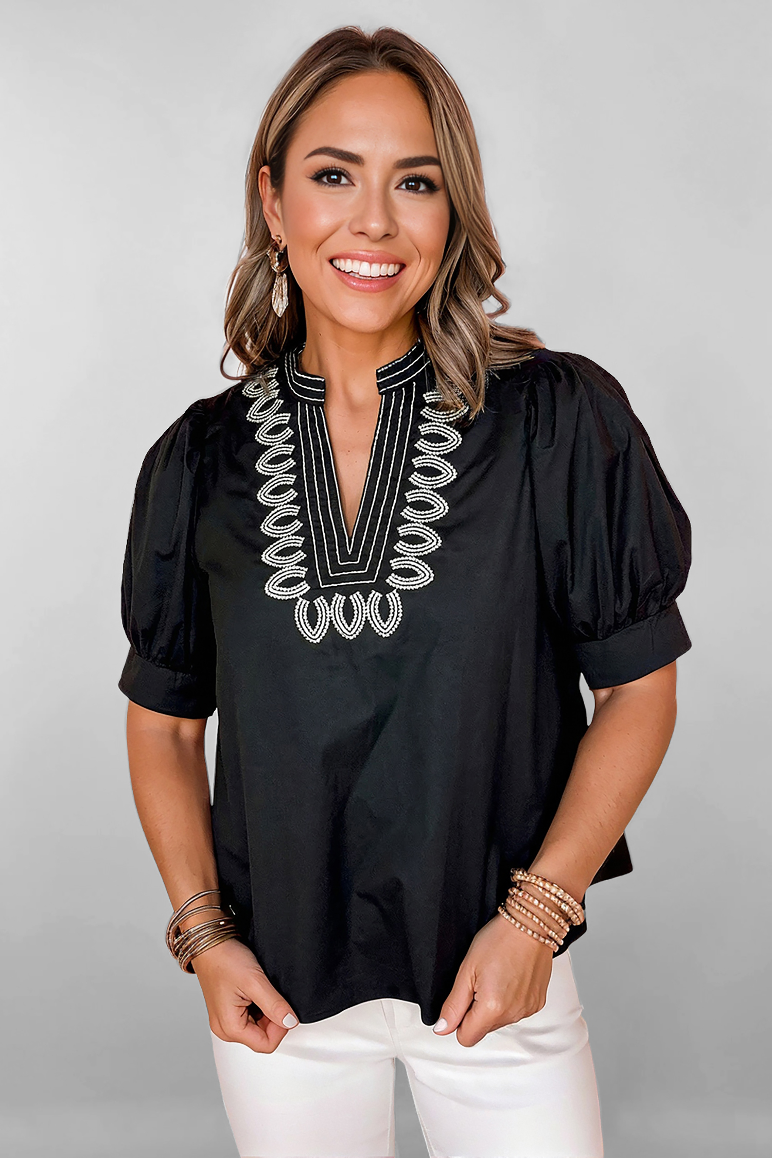 Black Short Puff Sleeve Contrast Embroidered Detail V Neck Blouse view 5