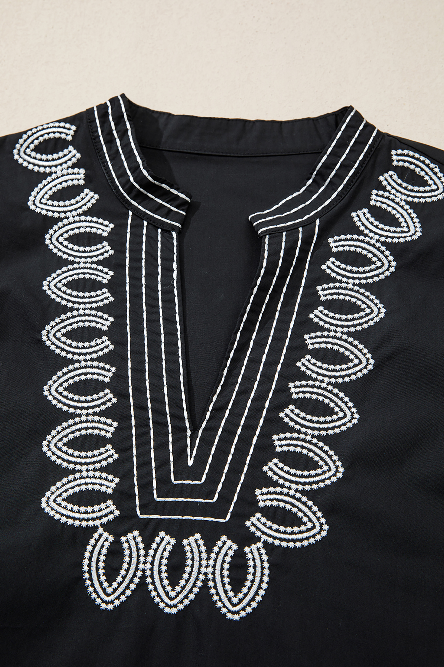 Black Short Puff Sleeve Contrast Embroidered Detail V Neck Blouse view 8