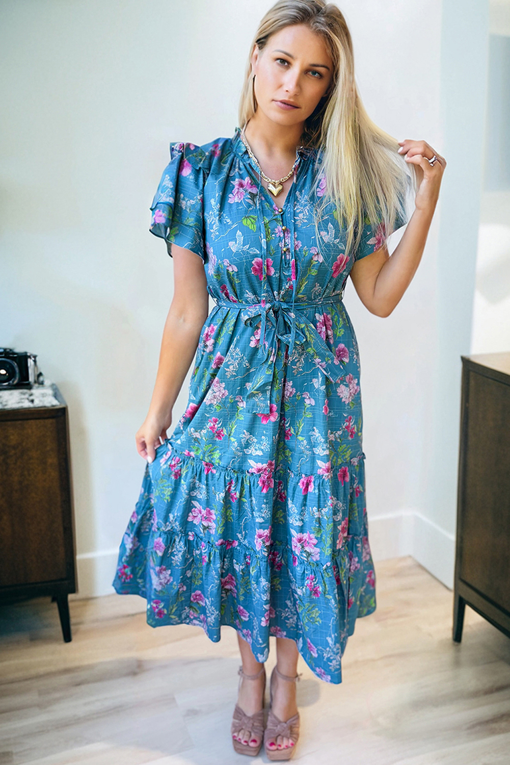 Blue Floral Flutter Sleeve Button Tie Split Neck Belted Long Dress view 10