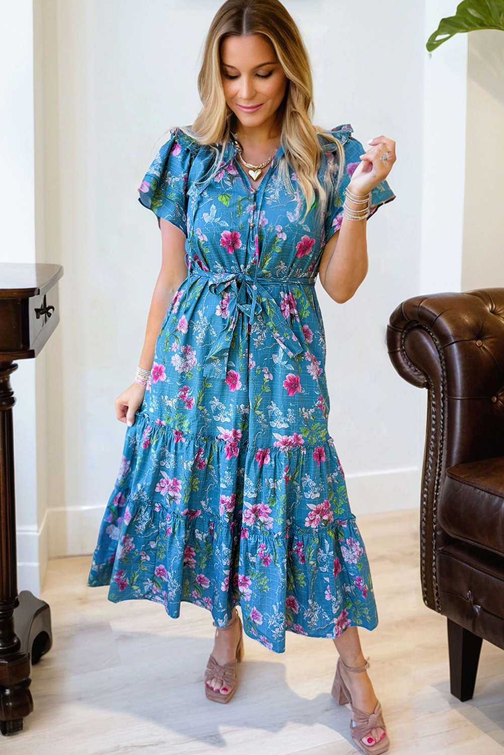 Blue Floral Flutter Sleeve Button Tie Split Neck Belted Long Dress view 5