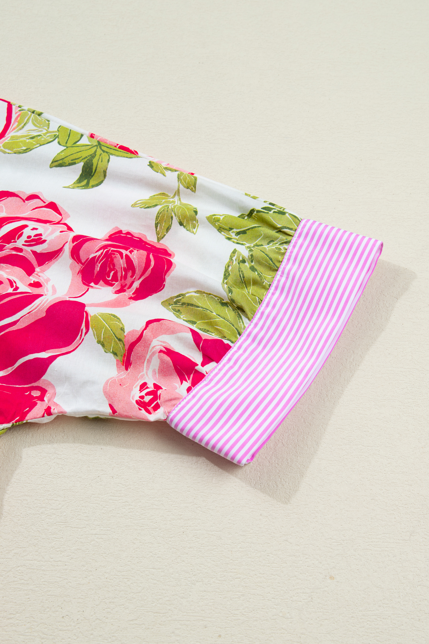 Pink Flower Print Striped Trim Frilled Collar Short Sleeve Shirt view 16